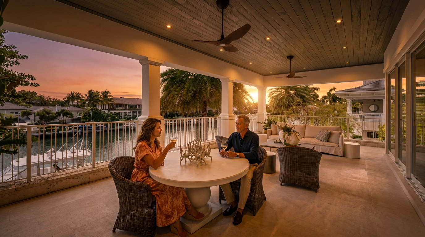 This expansive covered balcony offers a luxurious outdoor living space with a serene waterfront view. The area is furnished with a round dining table and wicker seating, all set beneath a wood-paneled ceiling equipped with dual ceiling fans. The space is framed by white railings and large glass doors, creating a seamless transition between the indoor and outdoor environments.