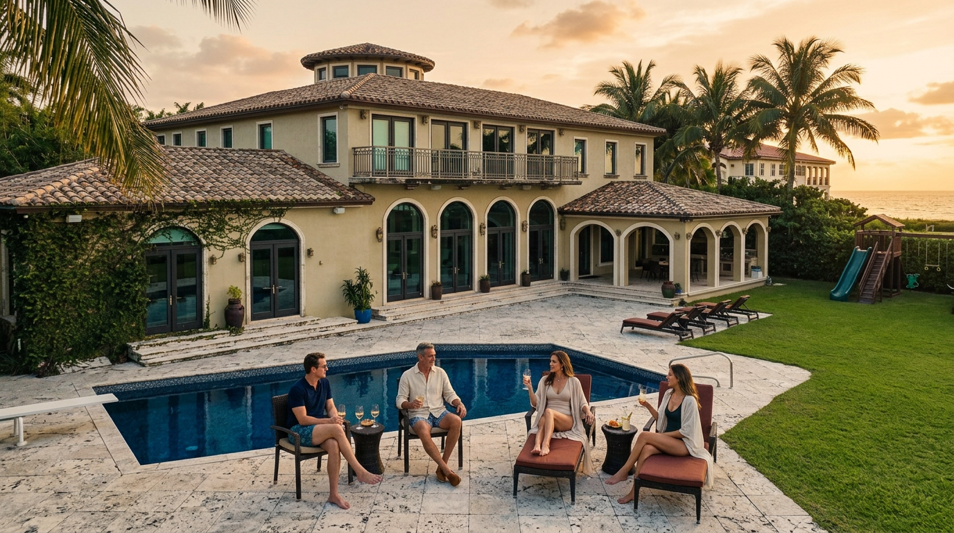 This expansive Mediterranean-style estate features a symmetrical rear facade with a tiled roof, a second-story balcony, and multiple arched glass doors leading to a stone patio. The backyard includes a large swimming pool, a covered outdoor dining area with an integrated kitchen, and a lush green lawn with a children's play set. The perspective is a wide, eye-level shot capturing the entire rear elevation of the home and its surrounding outdoor amenities.
