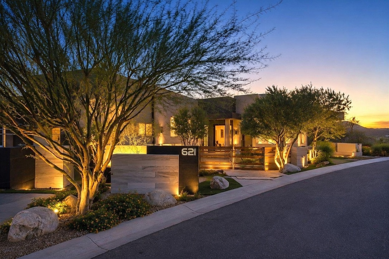 This modern residence features a striking architectural design with clean lines and a warm, inviting glow from integrated landscape and exterior lighting. The front facade is highlighted by a prominent address pillar labeled '621' and a landscaped garden with mature trees and decorative rocks. The perspective captures the home at twilight, emphasizing its sophisticated curb appeal and contemporary aesthetic against a soft sunset sky.