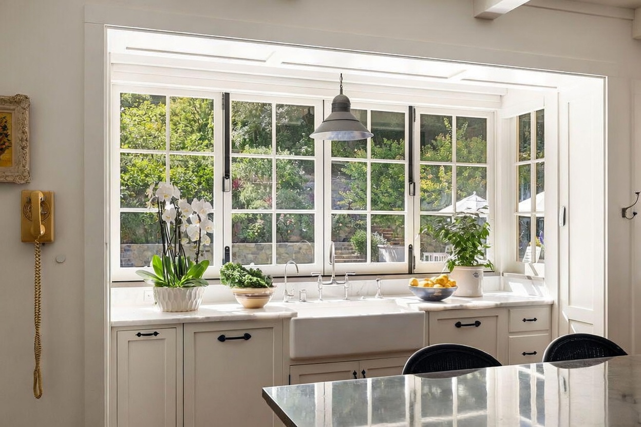 This bright and airy kitchen features a classic farmhouse-style sink positioned beneath a large, multi-pane window that overlooks a lush garden. The space is accented by white cabinetry, a stone countertop, and a single industrial-style pendant light hanging above the workspace. A potted orchid and a bowl of lemons add a touch of natural color to the clean, neutral aesthetic.