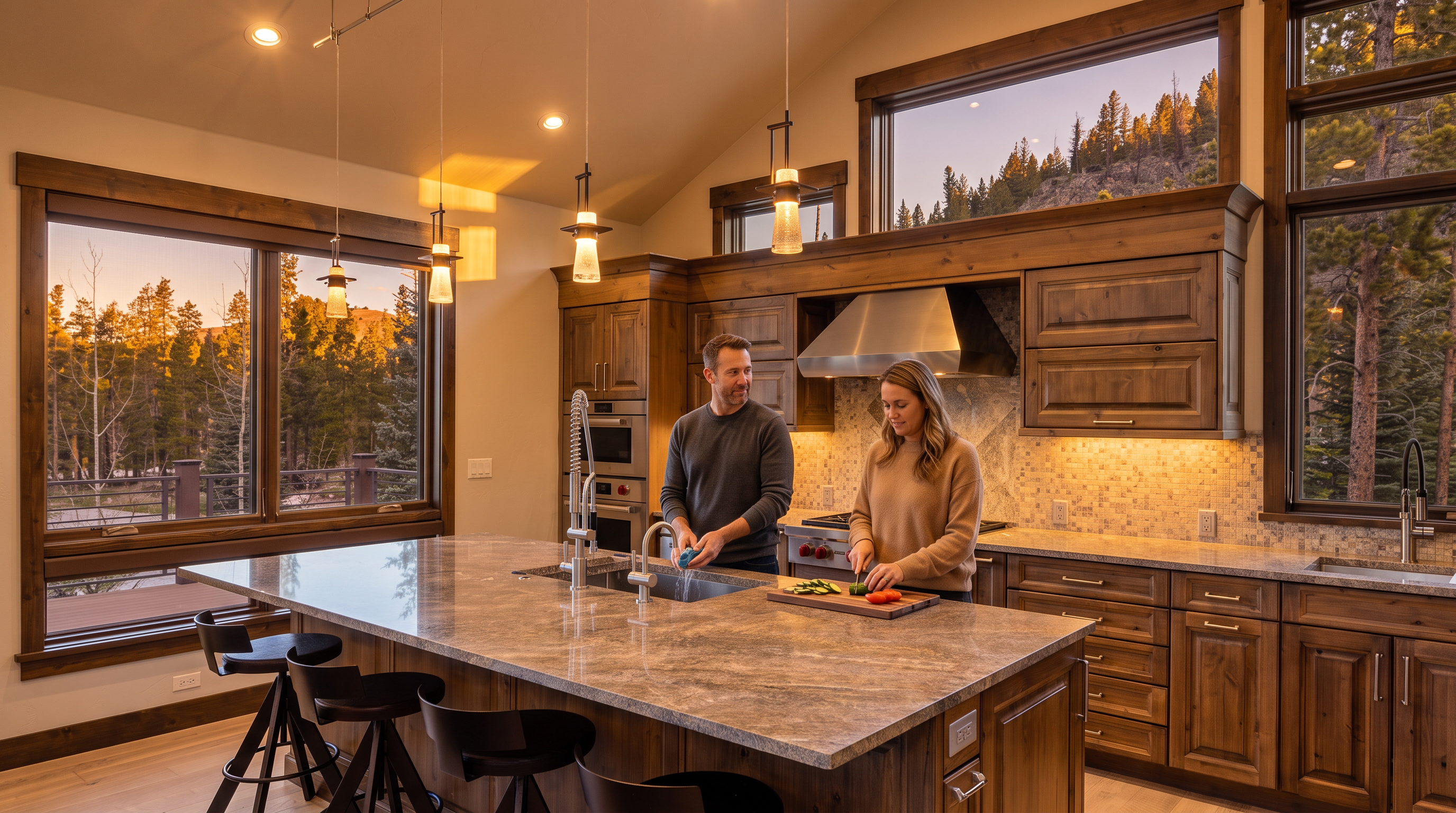 This spacious, rustic-inspired kitchen features a large central island with a stone countertop and seating for four, complemented by warm-toned wood cabinetry throughout. A professional-grade gas range with a stainless steel hood serves as the focal point, set against a textured stone backsplash. Large windows frame scenic views of the surrounding forest, filling the room with natural light and enhancing the open, airy feel of the vaulted ceiling.
