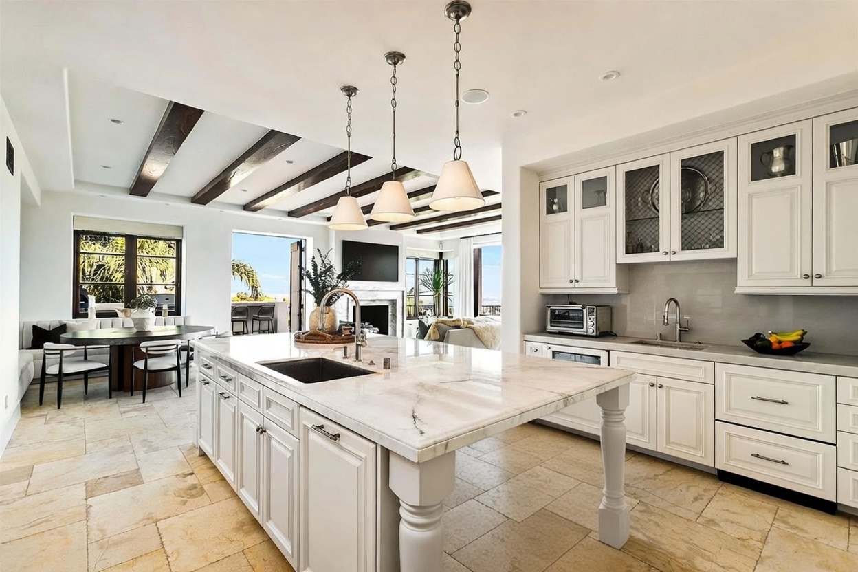 This bright and airy kitchen features a large central island with a stone countertop and a deep sink, serving as the focal point of the open-concept space. White cabinetry with glass-front accents provides ample storage, while dark wooden ceiling beams add a touch of rustic contrast to the light-toned interior. The perspective looks from the kitchen toward an adjacent dining area and a living space with a fireplace, creating a seamless flow between rooms.
