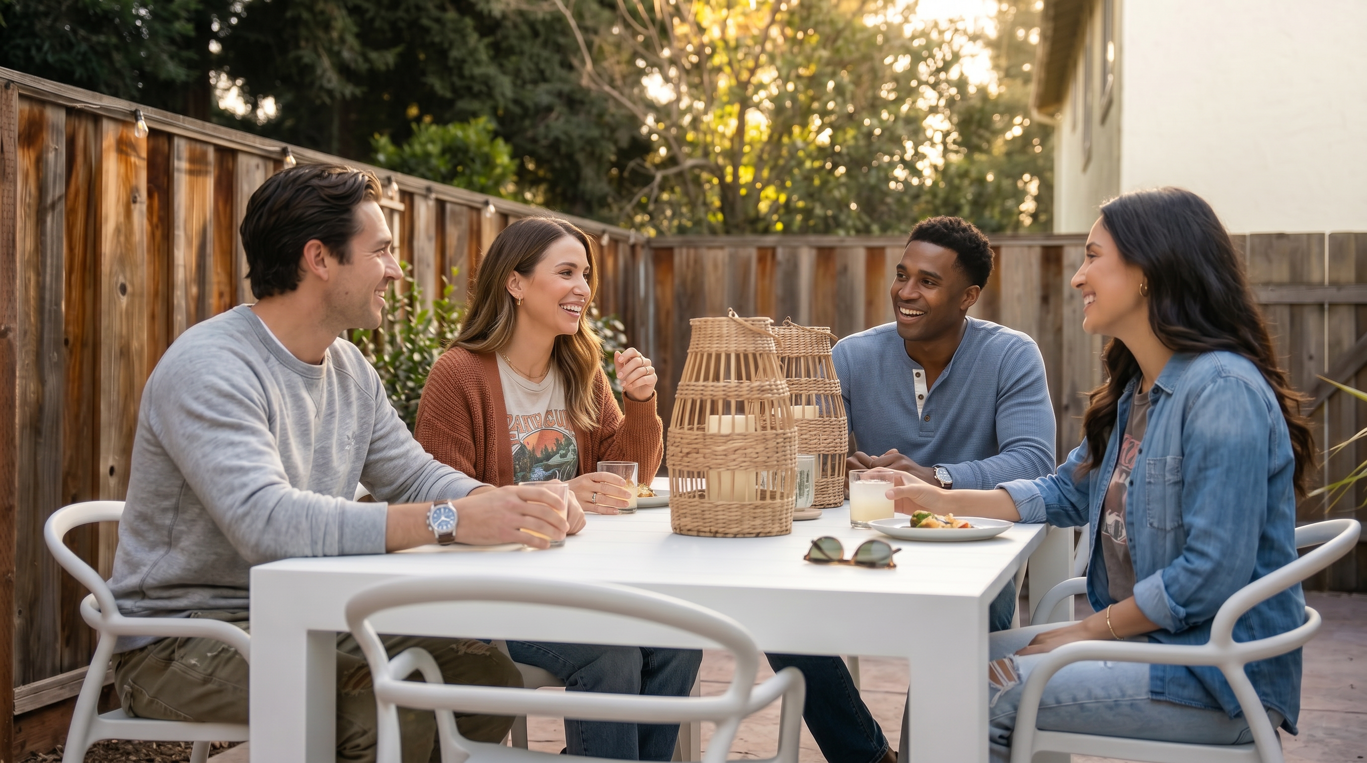 This inviting outdoor patio space features a modern white dining set arranged on a geometric-patterned area rug, perfect for al fresco entertaining. The area is enclosed by a tall, rustic wooden fence that provides privacy, while lush greenery and large potted plants add a touch of natural beauty. The scene is captured from a ground-level perspective, highlighting the seamless transition between the indoor living space and the sun-drenched backyard.