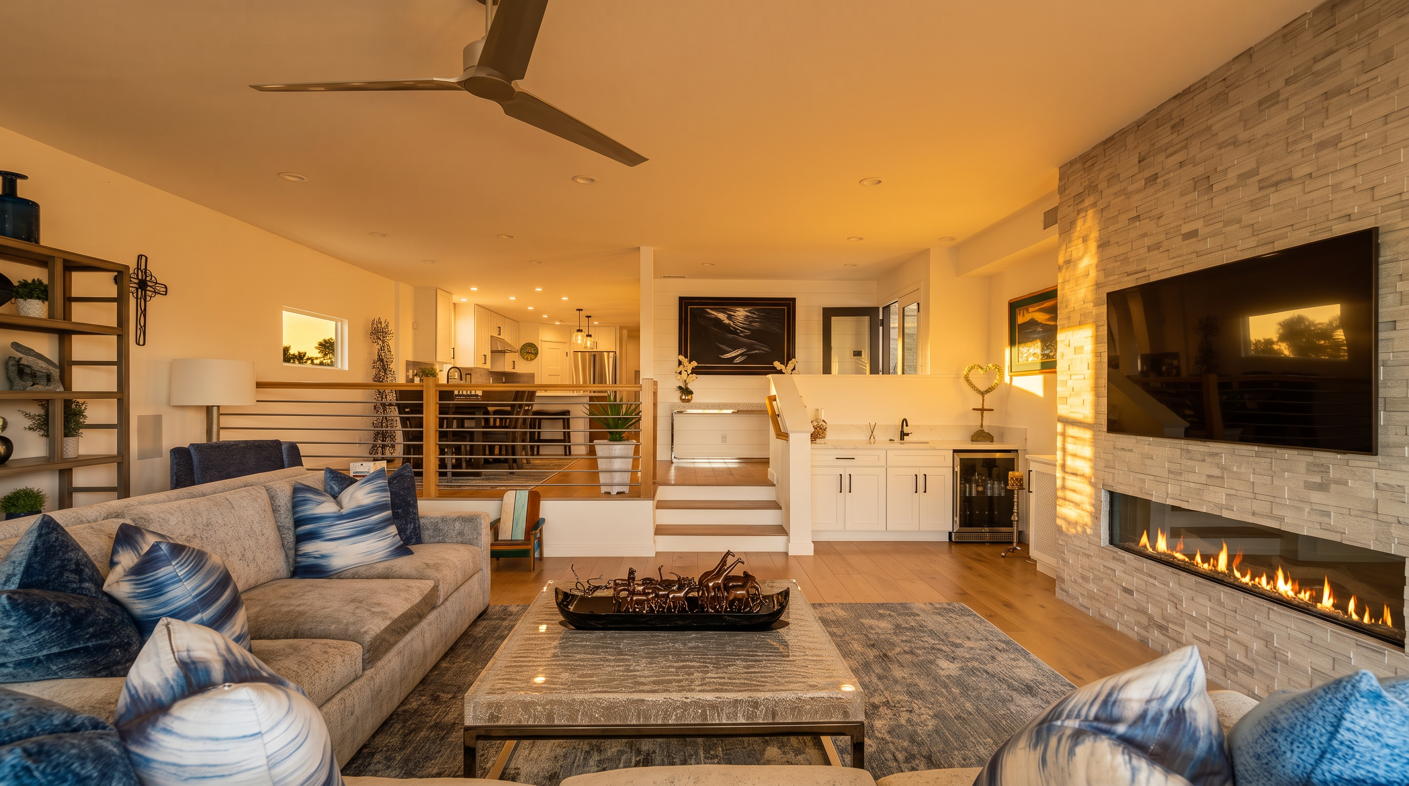This modern open-concept living room features a striking floor-to-ceiling stone fireplace with an integrated linear firebox and mounted television. The space is anchored by a large, comfortable gray sectional sofa with vibrant blue accent pillows, situated on a textured rug. An elevated kitchen and dining area are visible in the background, connected by stairs and an open wooden railing, creating a seamless and airy living environment.
