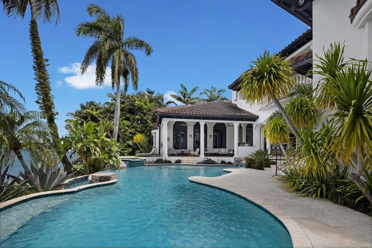 This luxurious outdoor space features a large, free-form swimming pool with a built-in spa, set against a backdrop of lush tropical landscaping and a clear blue sky. A covered patio with elegant white columns provides a shaded lounge area, seamlessly connecting the home's architecture to the water. The scene captures a serene, resort-style atmosphere perfect for relaxation and outdoor entertaining.