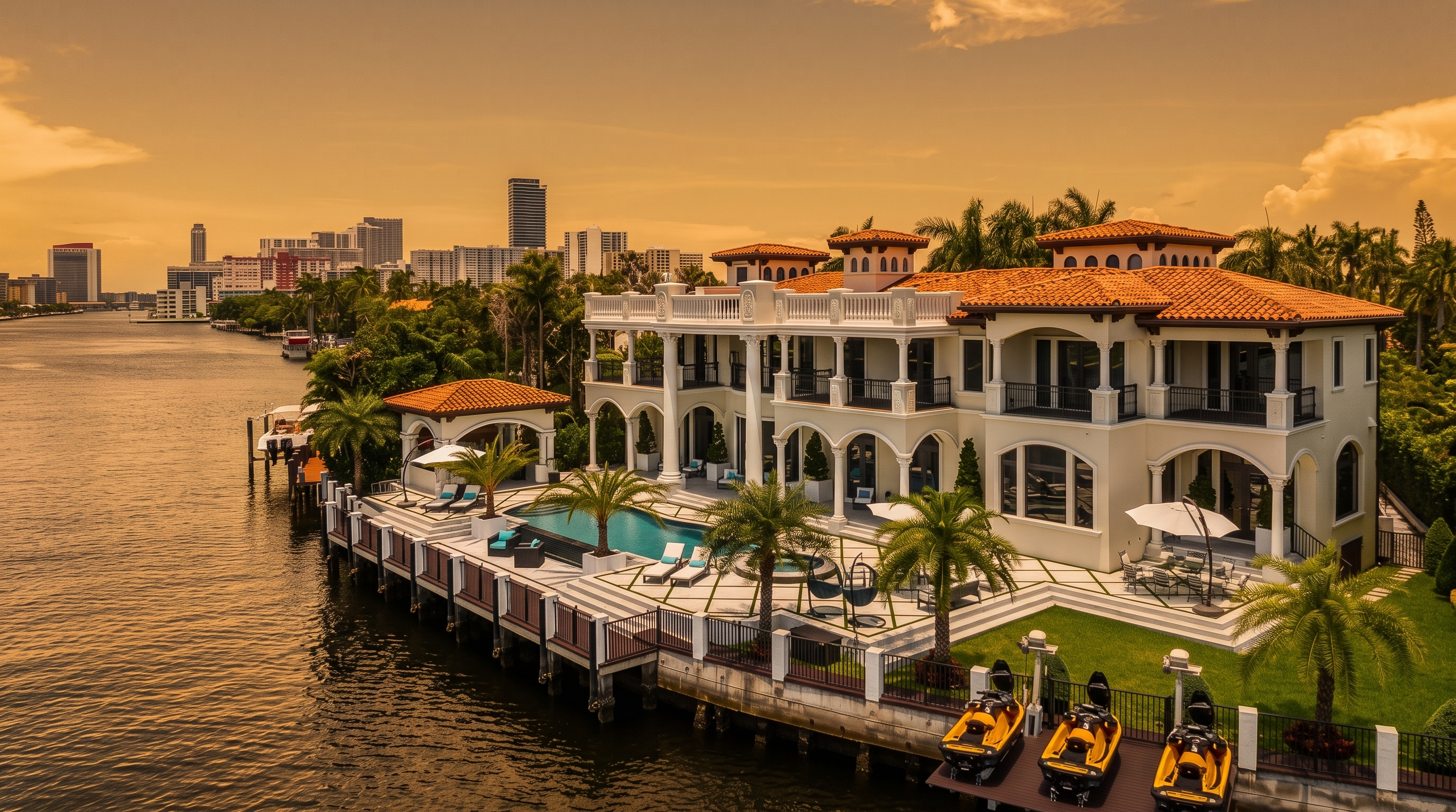 This stunning aerial view captures a luxurious waterfront estate featuring a Mediterranean-inspired mansion with a terracotta tile roof and expansive white stucco facade. The property boasts a private pool, a covered patio area, and a dedicated dock equipped with three jet skis, all set against a backdrop of a vibrant city skyline. The lush landscaping and prime location along the water create an atmosphere of high-end coastal living.