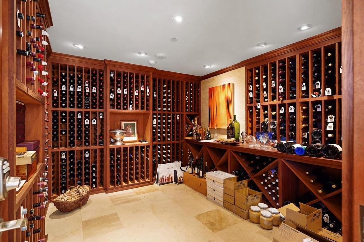 This sophisticated wine cellar features extensive custom wood racking systems that span the walls, providing ample storage for a large collection. The room is finished with light-toned stone flooring, recessed ceiling lighting, and a central counter area for display or service. A basket of corks and various wine-related accessories add a personal touch to this climate-controlled space.