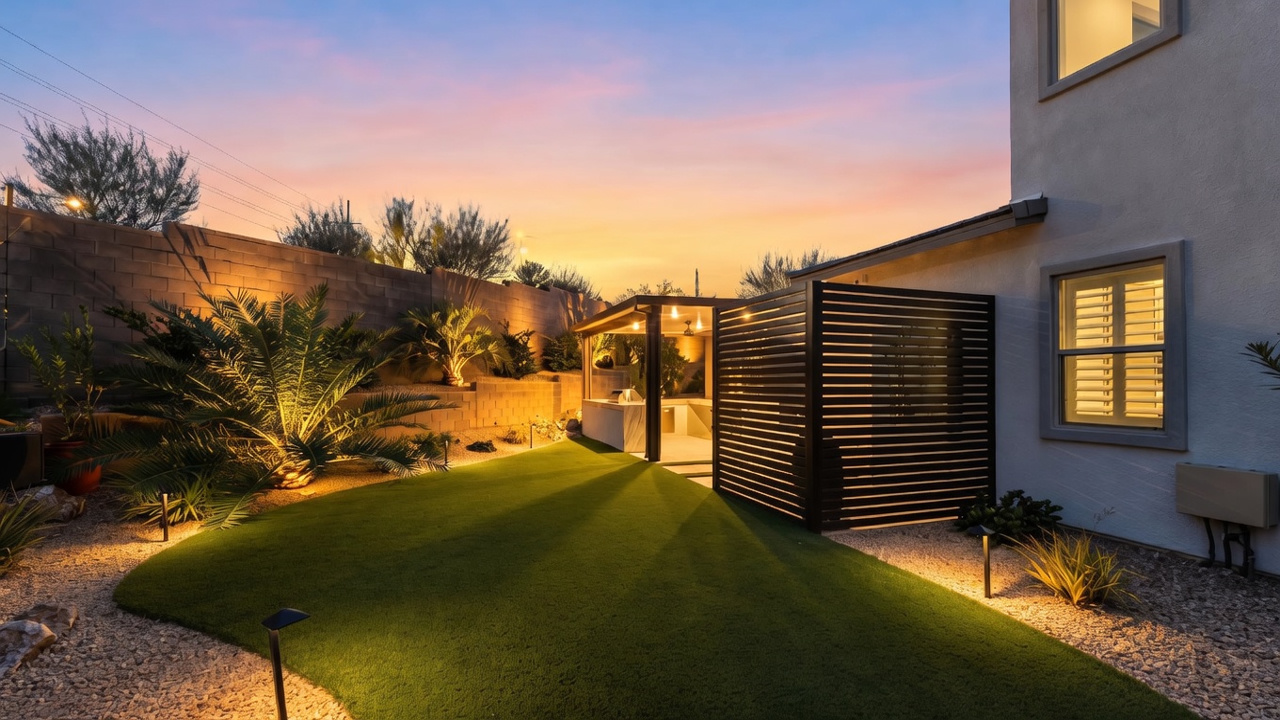 This backyard features a well-manicured artificial turf lawn bordered by decorative gravel and landscape lighting. A covered outdoor kitchen area with a slatted privacy screen provides a shaded space for entertaining, while a retaining wall adds depth to the rear of the property. The scene is captured at dusk, with the warm glow of exterior lights contrasting against a vibrant, colorful sunset sky.