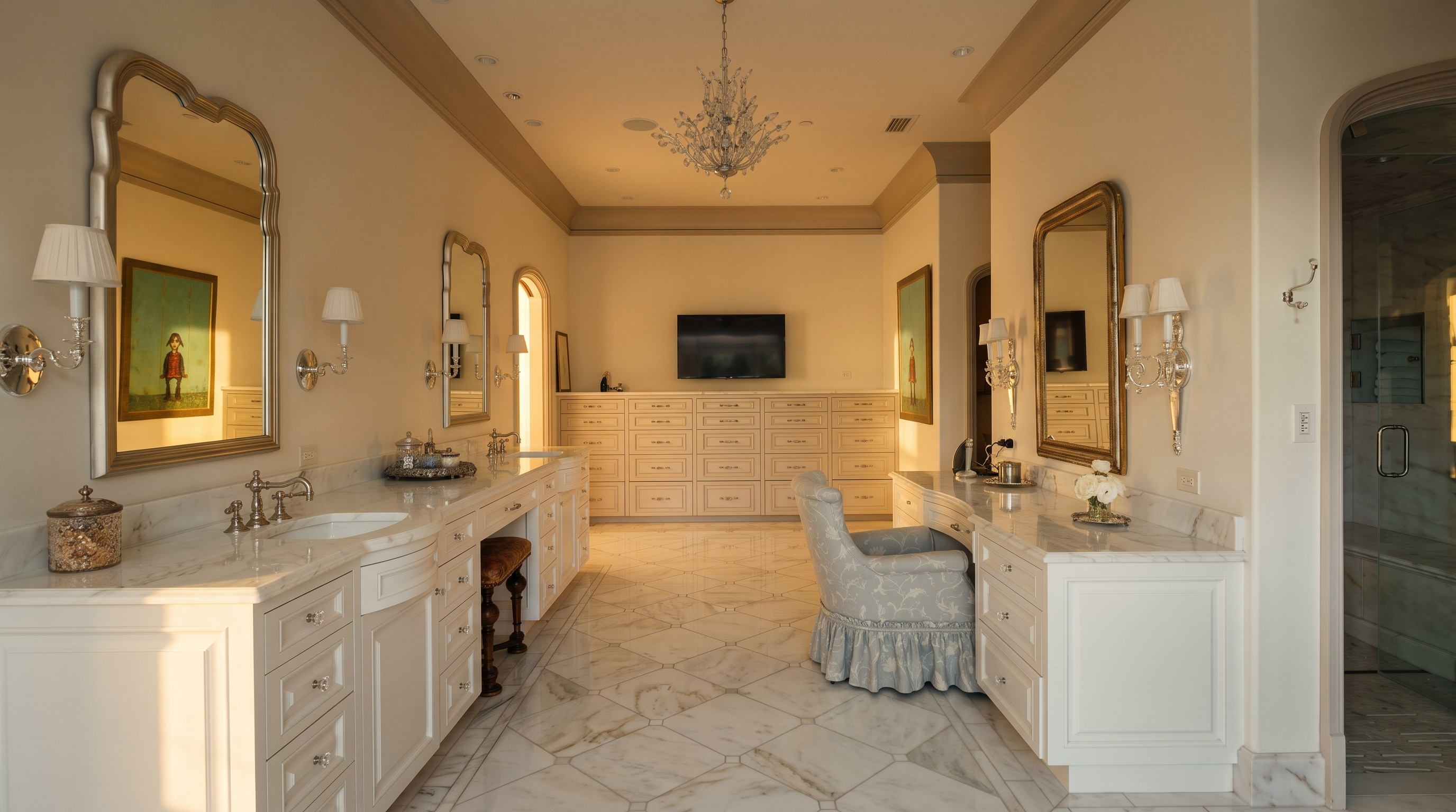 This expansive primary bathroom features dual vanities with light-toned cabinetry and stone countertops, complemented by ornate mirrors and wall-mounted sconces. A central crystal chandelier hangs from the tray ceiling, while a dedicated vanity area with a skirted chair sits opposite the sinks. The room is finished with light-colored stone flooring and a wall of built-in storage drawers, creating a bright and luxurious atmosphere.