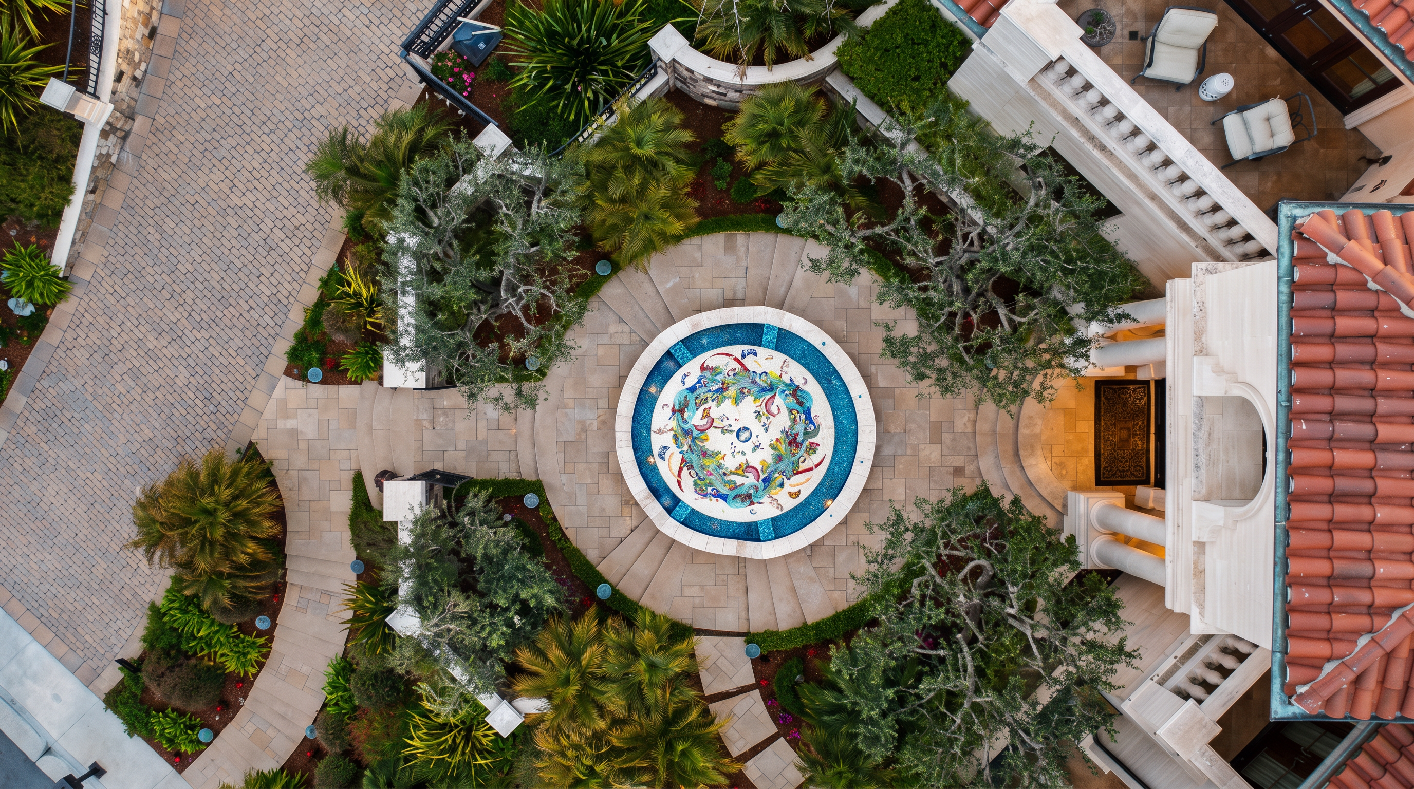 This high-angle aerial view captures a meticulously landscaped courtyard featuring a central circular fountain with intricate, colorful mosaic tile work. The space is framed by mature trees, lush greenery, and stone-paved walkways that lead toward a grand building entrance with classic columns. The scene conveys an elegant, Mediterranean-inspired aesthetic with a focus on symmetry and refined outdoor living.