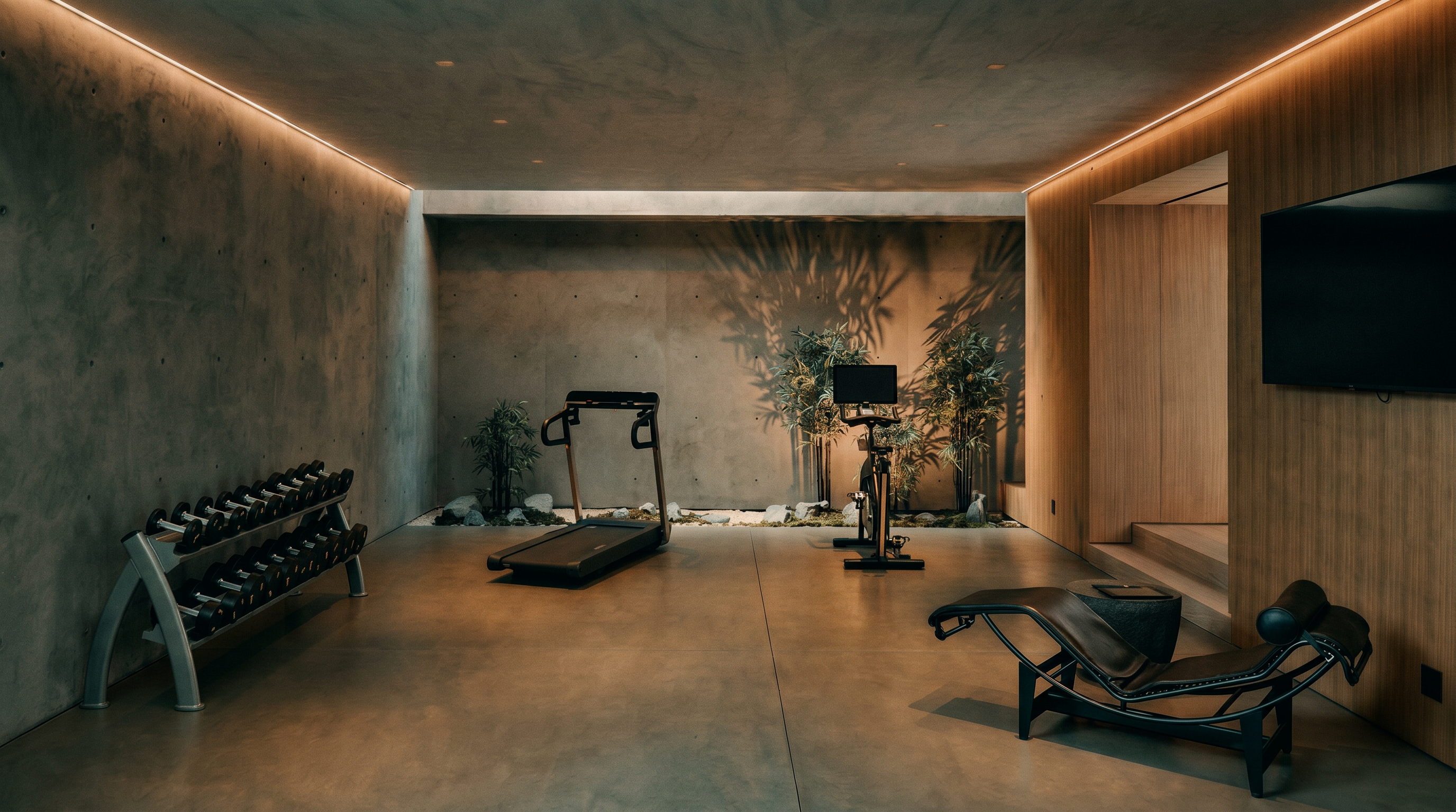 This sleek, modern home gym features a minimalist aesthetic with raw concrete walls and warm wood paneling. The space is equipped with a treadmill, a stationary bike, a rack of dumbbells, and a stylish leather lounge chair, all set against a backdrop of indoor greenery. The room is illuminated by recessed cove lighting, creating a sophisticated and tranquil atmosphere for exercise.