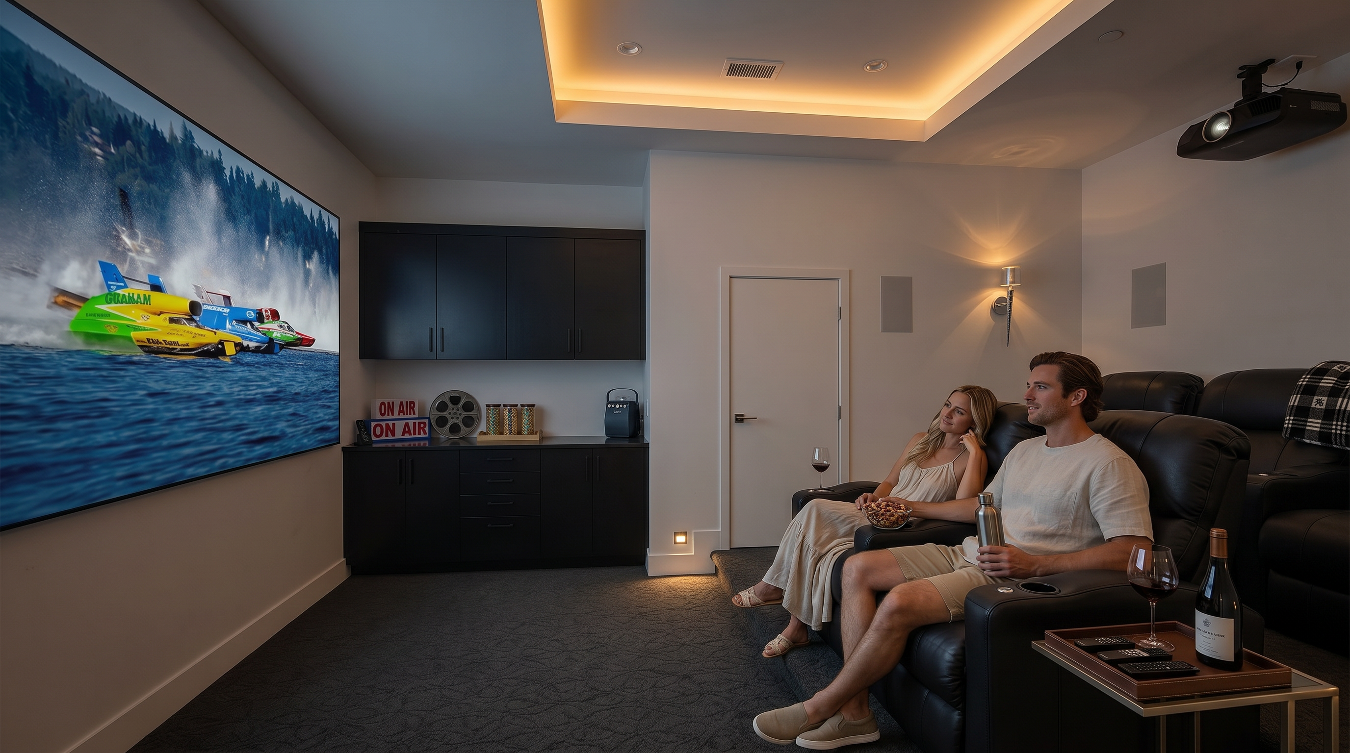 This dedicated home theater room features a tiered floor layout with plush black leather reclining seating facing a large projection screen. The space includes a built-in black cabinetry unit with a countertop for snacks and drinks, accented by 'ON AIR' signage. A ceiling-mounted projector and recessed lighting complete the cinematic setup, creating a cozy and immersive entertainment environment.