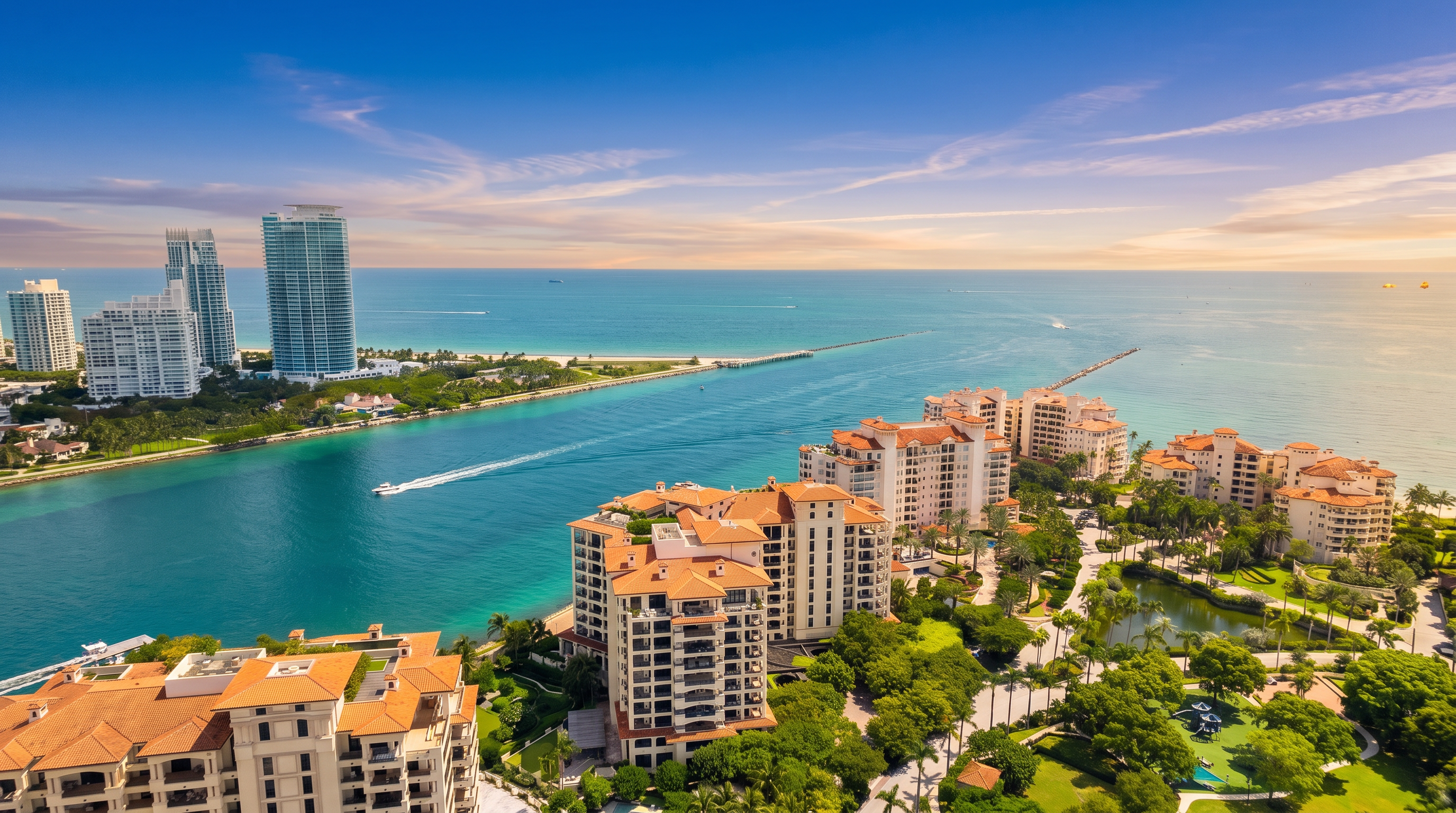 This high-angle aerial view captures a sprawling waterfront residential complex characterized by Mediterranean-style architecture with terracotta-tiled roofs. The property is situated along a vibrant turquoise waterway, with lush green landscaping, walking paths, and a swimming pool visible below. In the distance, the expansive ocean meets a clear blue sky, highlighting the prime coastal location of these luxury residences.