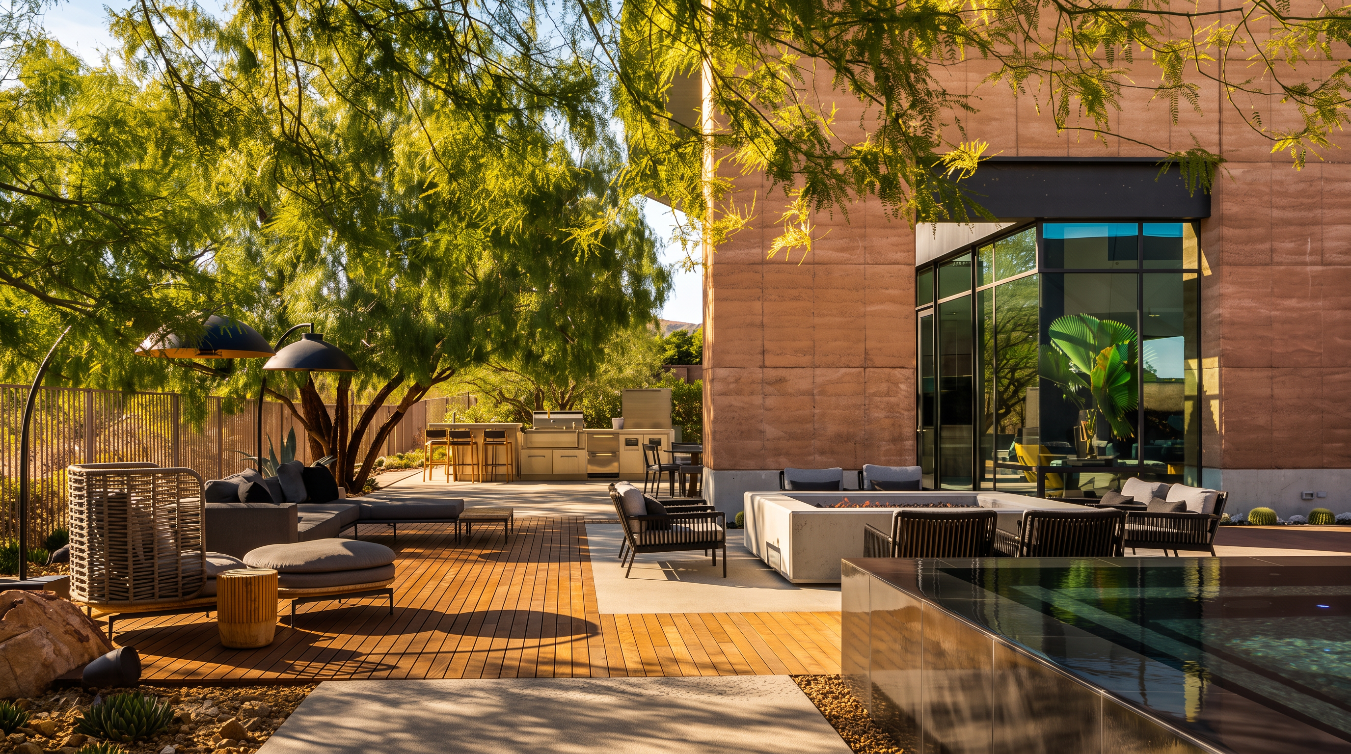 This luxurious outdoor living space features a multi-level deck with a wooden platform, a concrete patio area, and a sleek infinity-edge pool. The space is furnished with modern lounge seating, a fire pit, and an outdoor kitchen, all set against a backdrop of mature trees and a textured, earth-toned building facade. Large glass panels provide a seamless transition between the indoor and outdoor living areas, creating an inviting atmosphere for entertaining.