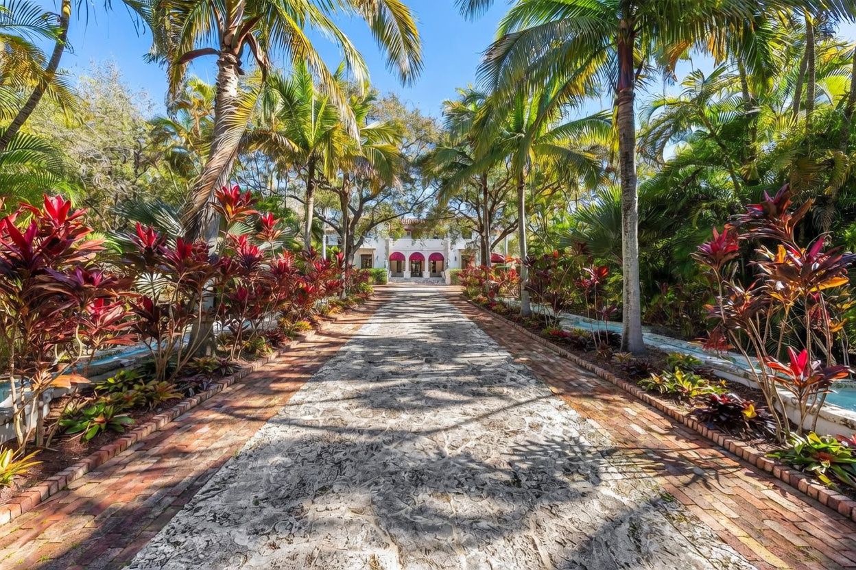 This grand estate features a long, stone-paved driveway lined with lush tropical landscaping, including vibrant red-leafed plants and towering palm trees. The perspective is centered, drawing the eye toward the symmetrical white facade of the residence, which is accented by red awnings over the arched entryways. The overall impression is one of luxury, privacy, and classic Mediterranean-inspired elegance.