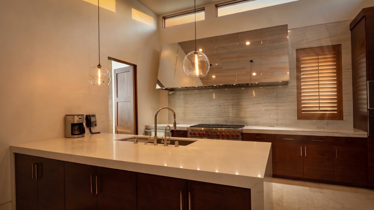 This modern kitchen features a large central island with a thick, light-colored countertop and dark wood cabinetry. A professional-style gas range is set against a stone-tiled backsplash, complemented by a sleek, metallic range hood and warm-toned wood cabinetry. The space is brightened by two glass pendant lights and clerestory windows, creating an open and airy atmosphere.
