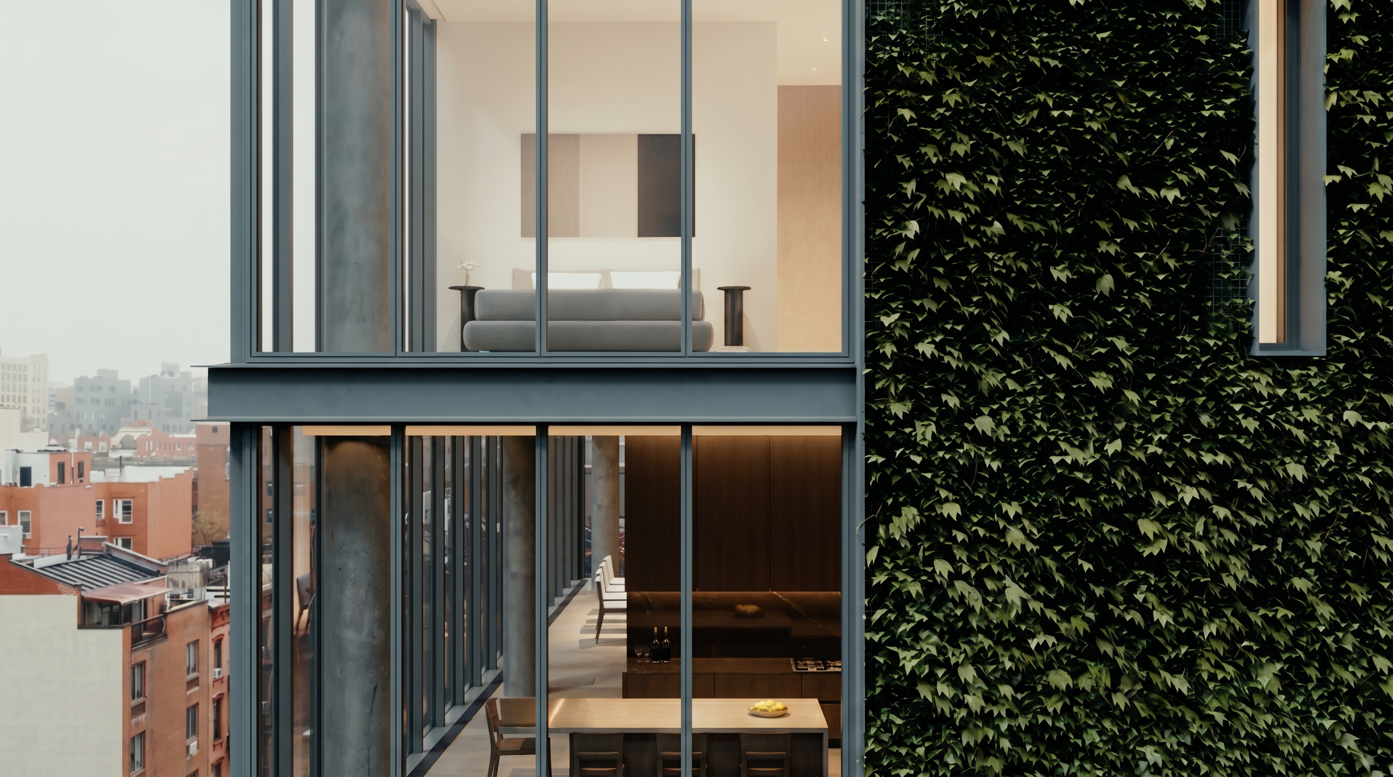 This image showcases a modern, high-rise architectural facade featuring floor-to-ceiling glass windows that reveal a split-level living space. To the right, a lush vertical green wall provides a striking natural contrast to the industrial steel structure and concrete columns. The composition emphasizes a sleek, contemporary aesthetic typical of luxury urban residential developments.