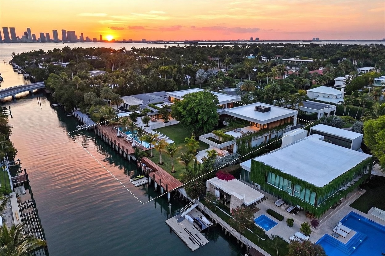 This stunning aerial view captures a luxurious waterfront estate at sunset, showcasing a modern architectural design with expansive terraces and a private dock. The property features a lush green lawn, a swimming pool, and direct access to a calm canal, all set against a backdrop of a distant city skyline. The perspective highlights the seamless integration of indoor and outdoor living spaces, emphasizing the prime location and high-end lifestyle offered by this residence.