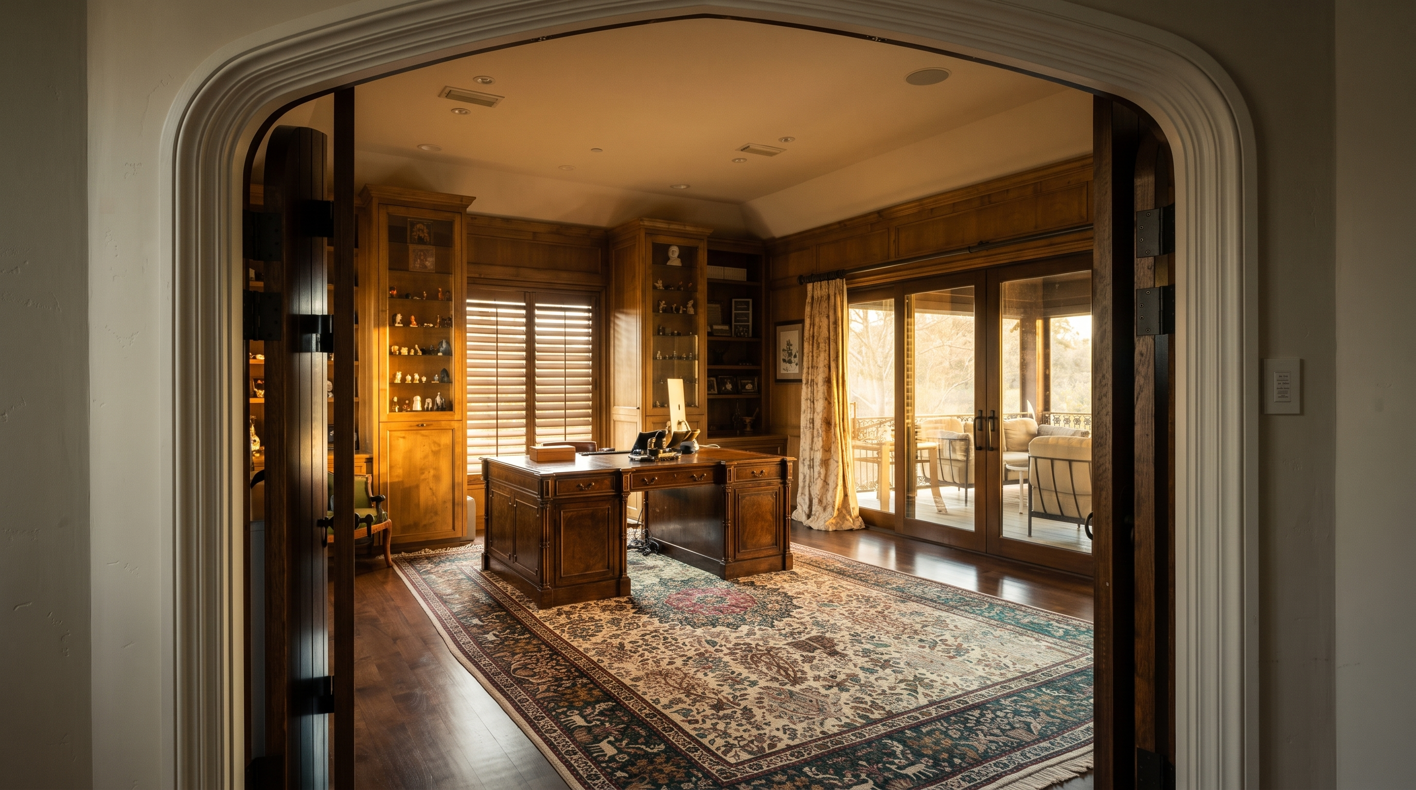 This sophisticated home office is viewed through a grand, arched doorway with dark wood double doors. The room features extensive wood paneling, built-in shelving units, and a large, traditional desk positioned in the center atop a detailed, patterned area rug. Large glass doors at the back of the room provide a view of an outdoor patio, filling the space with natural light and creating a professional yet inviting atmosphere.
