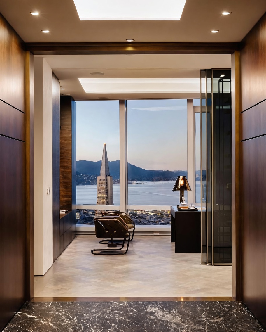 This sophisticated office space features a minimalist desk and two modern chairs positioned to take advantage of a breathtaking, panoramic view of the city skyline and bay. The room is framed by dark wood paneling and a marble-tiled floor in the foreground, leading into a bright area with light-toned herringbone flooring and floor-to-ceiling windows. The overall aesthetic is one of refined luxury, emphasizing the dramatic urban backdrop as the primary focal point.