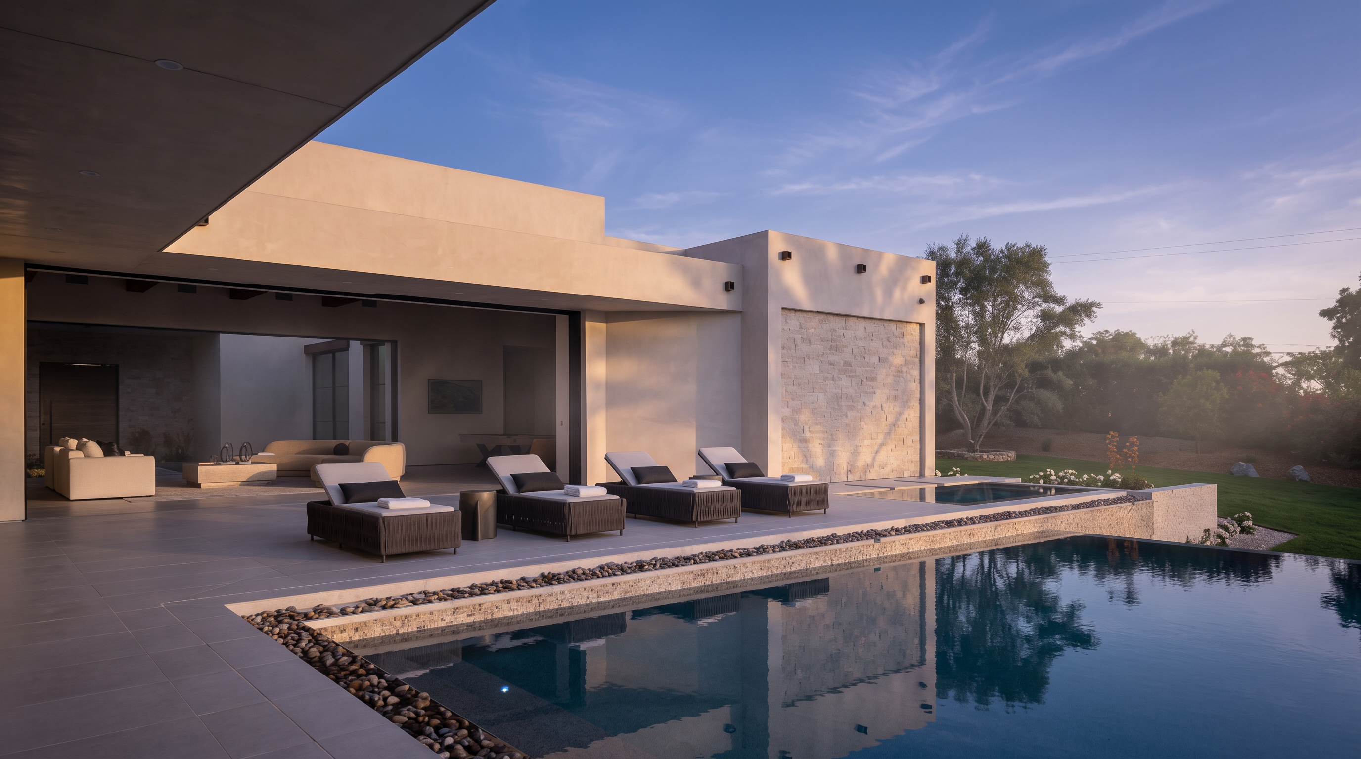 This modern luxury residence features a seamless indoor-outdoor transition with a large covered patio overlooking a pristine swimming pool. The exterior showcases clean, minimalist lines, light-toned stucco walls, and a textured stone accent wall, complemented by a row of sleek lounge chairs. The perspective captures the expansive pool deck and the open-concept living area, emphasizing a sophisticated and tranquil lifestyle.