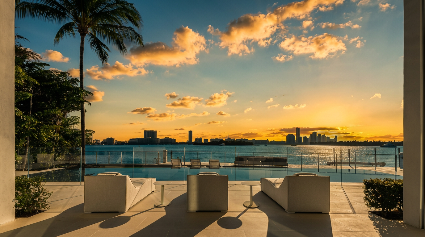 This luxurious outdoor living space features a sleek infinity-edge pool that seamlessly blends with the expansive waterfront view. Three modern white lounge chairs are positioned on a pristine tiled patio, offering a direct vantage point of the calm bay and the distant city skyline at sunset. The scene is framed by a minimalist architectural structure, emphasizing an open-air design that highlights the tranquil and upscale atmosphere of the property.