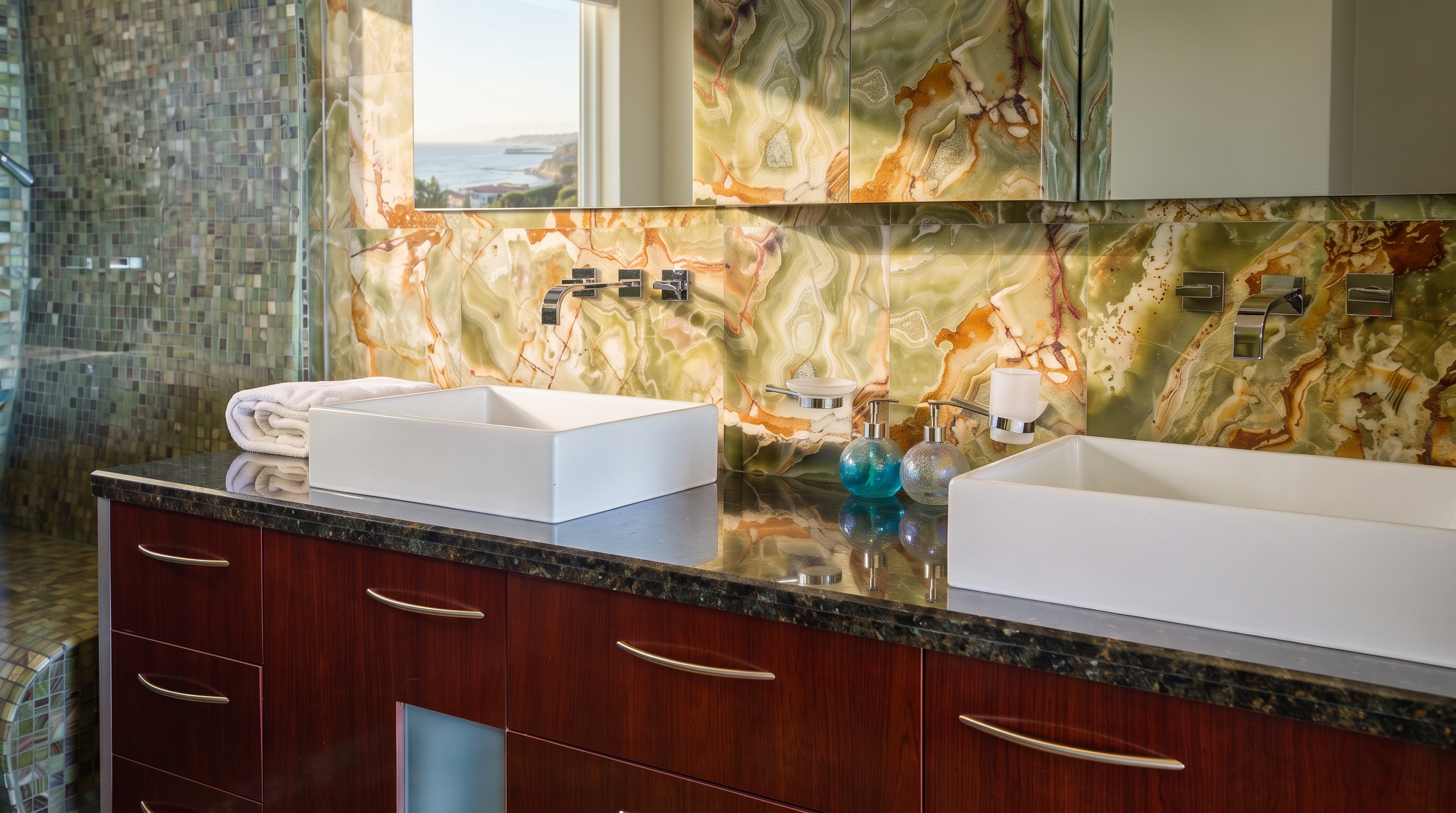 This luxurious primary bathroom features dual white vessel sinks set atop a dark, polished stone countertop. A striking backsplash made of natural onyx stone adds visual depth and elegance, complemented by warm-toned wooden cabinetry and modern chrome fixtures. The cohesive design aesthetic exudes a sophisticated, spa-like atmosphere perfect for a high-end property.