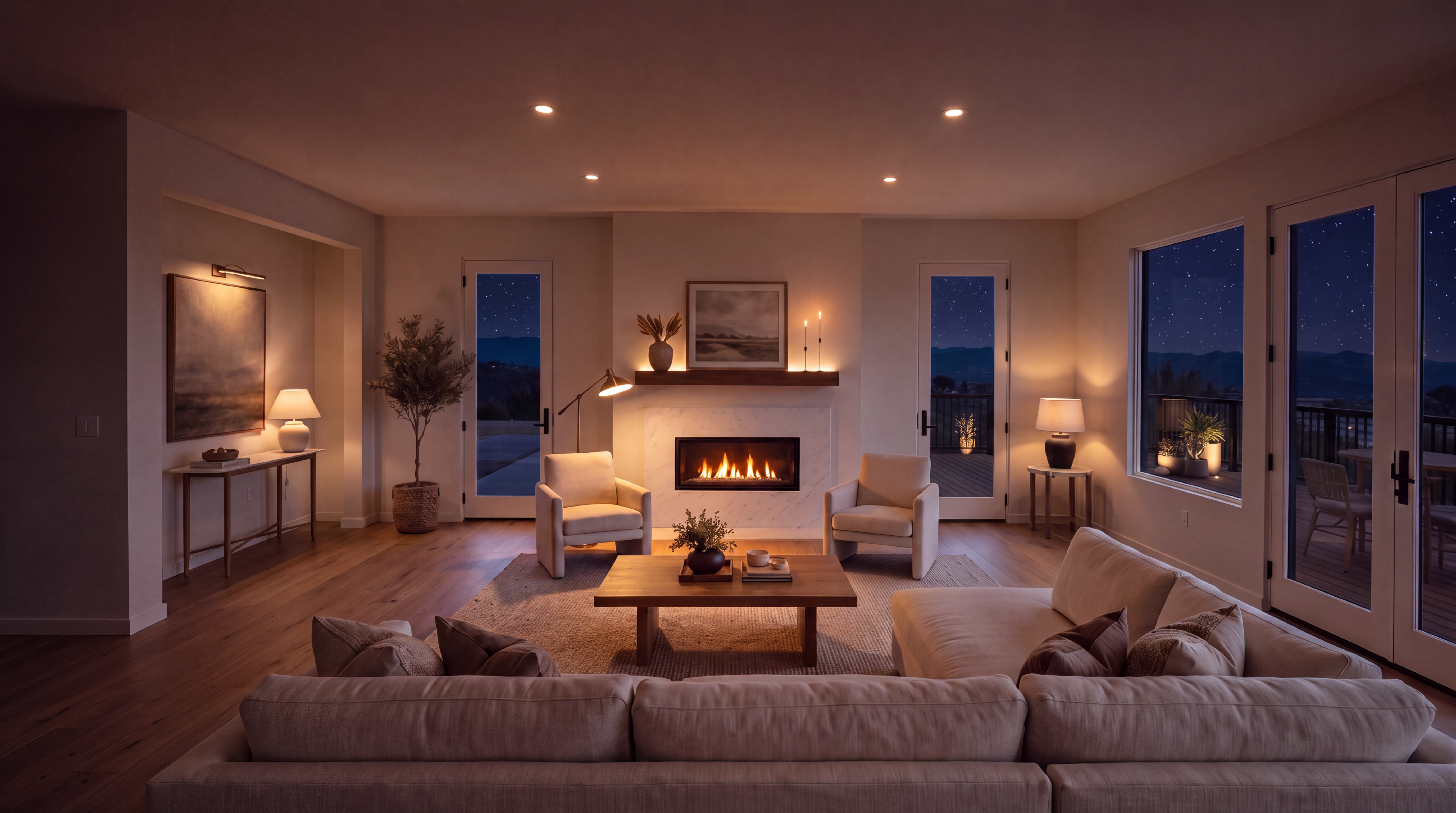 This warm and inviting living room features a contemporary fireplace with a marble surround and wooden mantel as its central focal point. The space is furnished with a plush sectional sofa, two accent chairs, and a coffee table, complemented by soft ambient lighting from lamps and a scenic outdoor view of a starry night sky. The neutral color palette, hardwood flooring, and elegant decor create a sophisticated and cozy atmosphere perfect for relaxation.