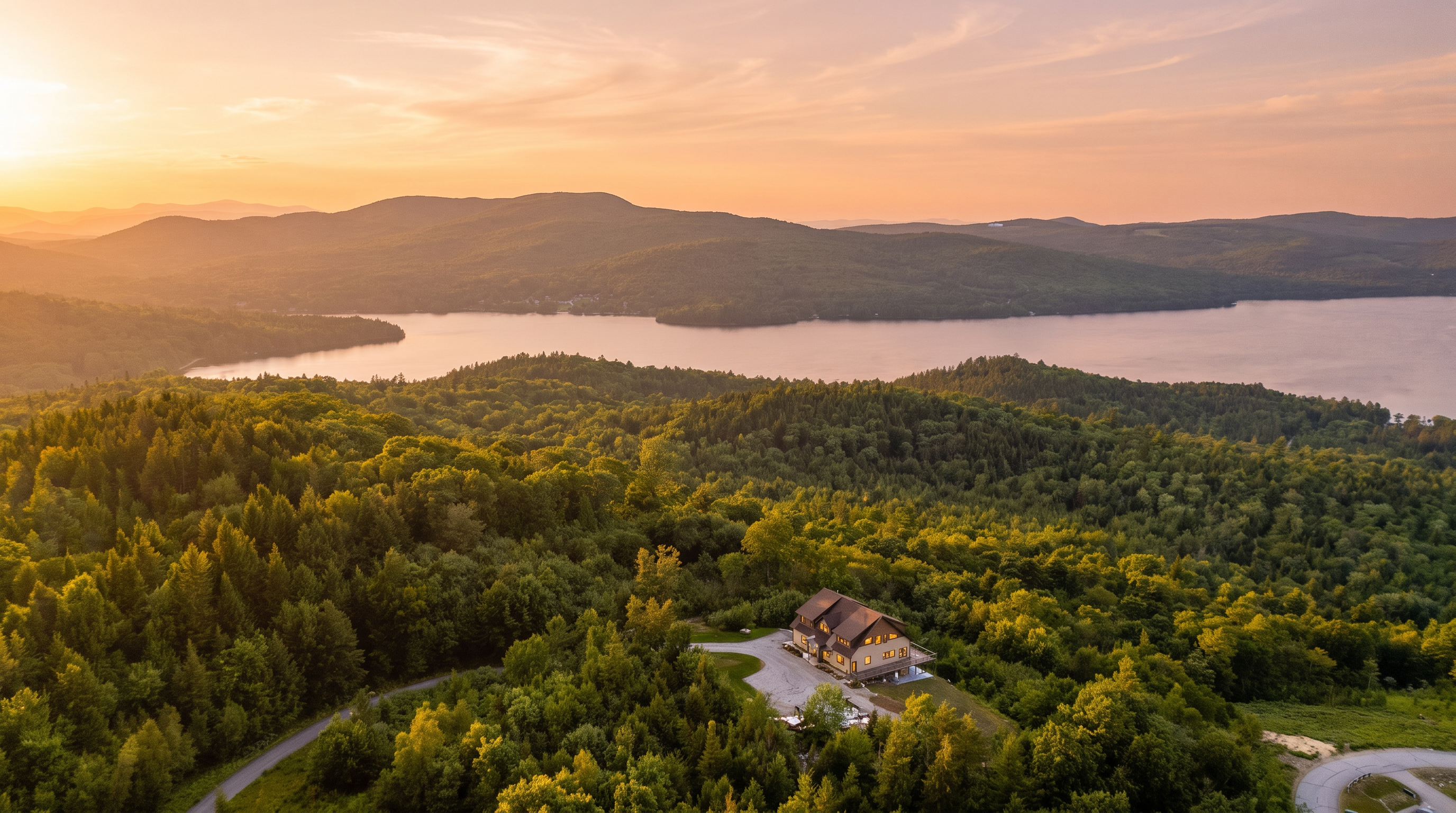This is an impressive aerial view of a multi-story home situated on a lush, wooded hilltop, boasting panoramic views of a sprawling lake and surrounding mountains. The property features a gravel driveway, a detached deck, and generous outdoor space, all nestled within a serene, nature-rich environment. It offers a prime location for those seeking privacy and breathtaking scenic beauty.