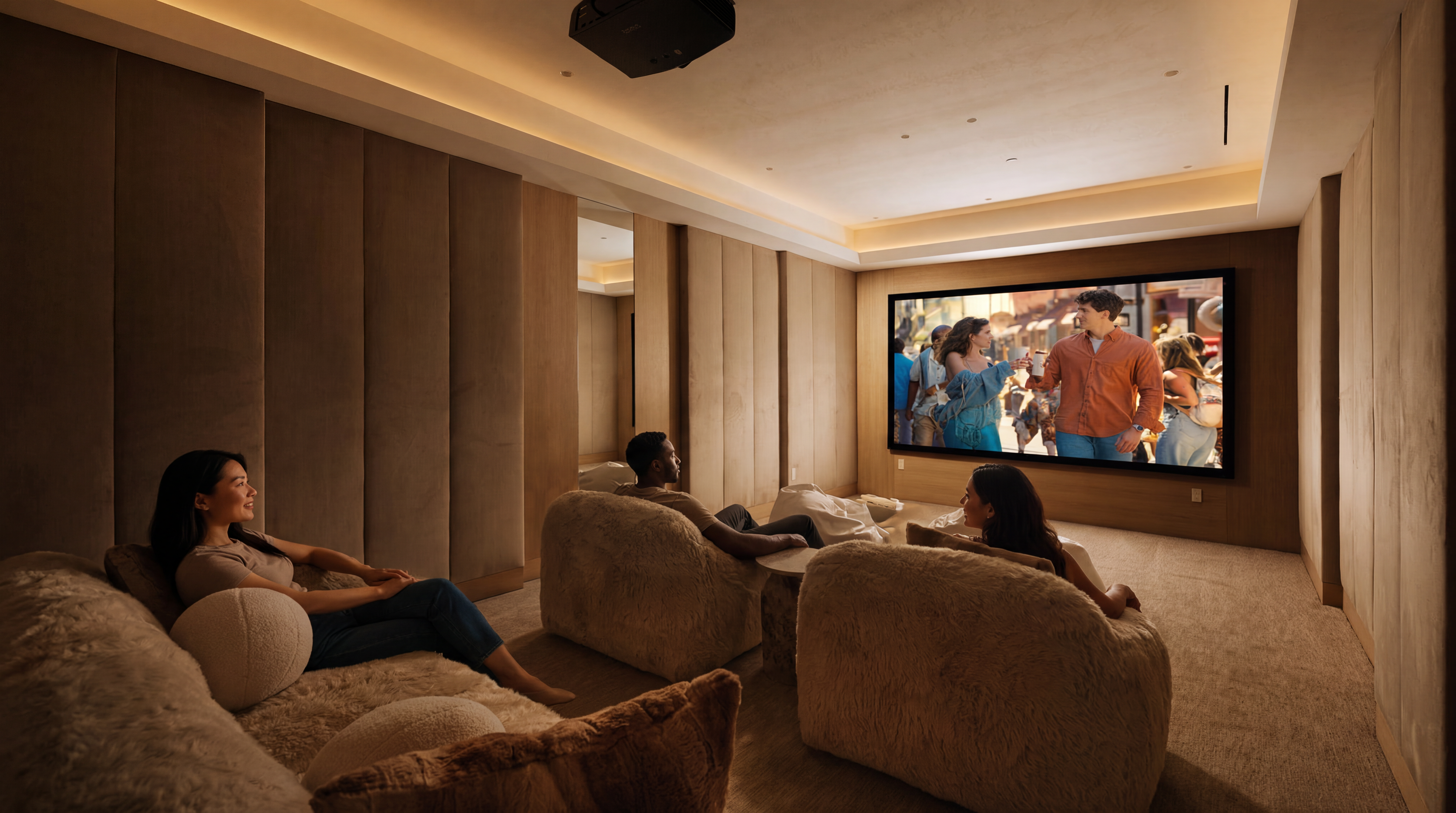 This sophisticated home theater room features tiered seating with plush, textured armchairs and a large wall-mounted projector screen. The space is lined with elegant, neutral-toned upholstered wall panels and accented by warm, integrated indirect lighting. It offers an immersive and cozy atmosphere perfect for premium home entertainment.