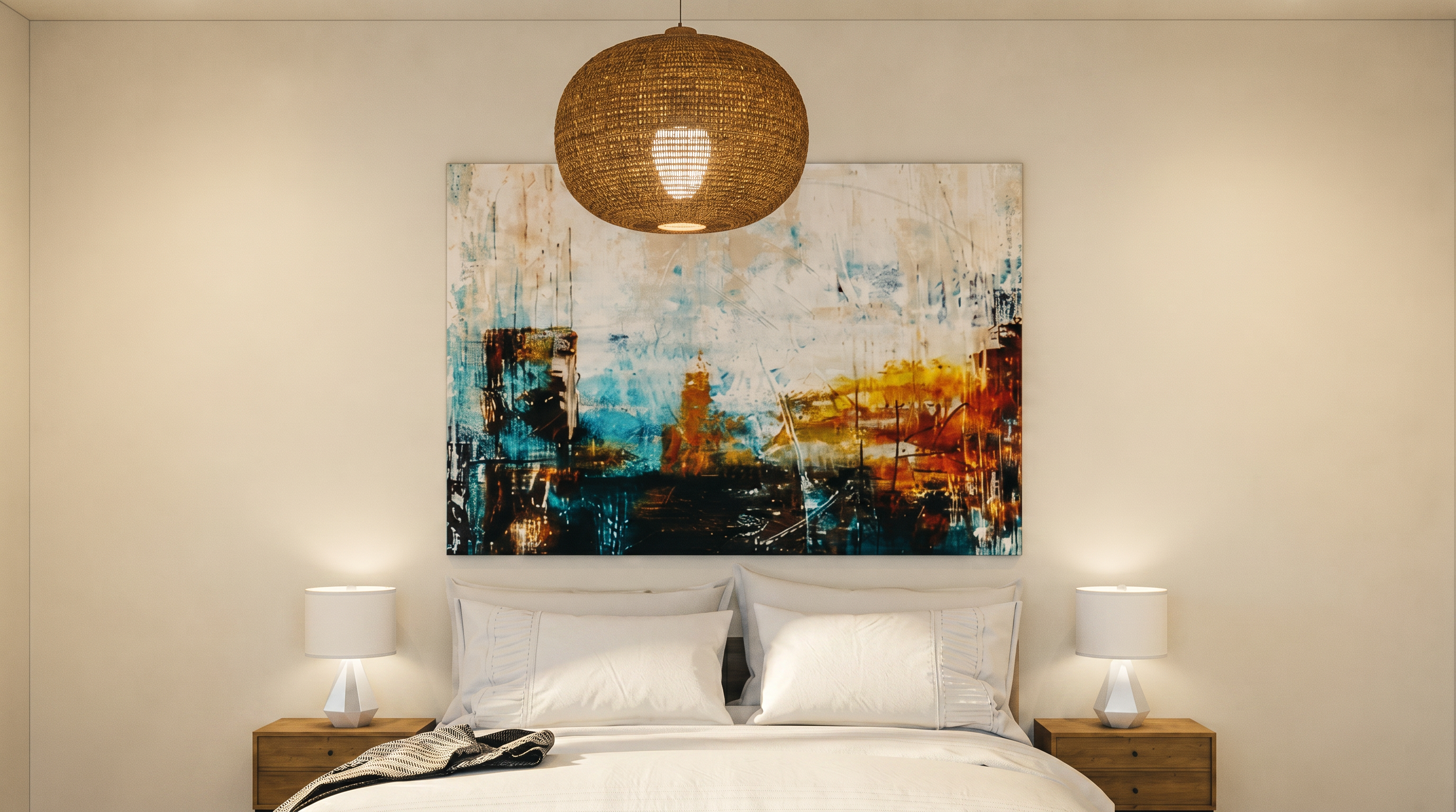 This modern primary bedroom features a clean, minimalist design anchored by a contemporary abstract painting above the bed. The space is balanced by matching nightstands and elegant table lamps, while a large, textured woven pendant light serves as a focal point. The neutral color palette and balanced layout create a serene and sophisticated atmosphere.