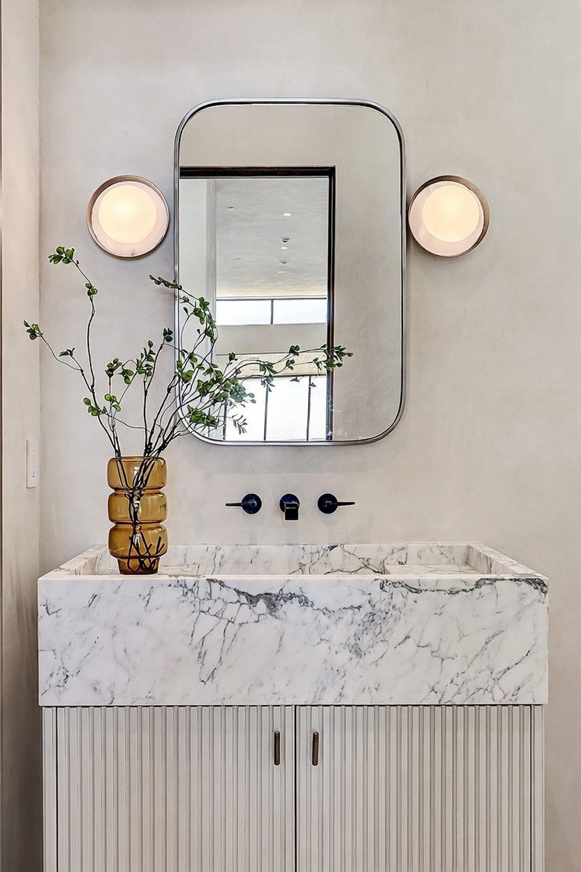 This elegant powder room features a custom stone vanity with a prominent veined pattern and a sleek, wall-mounted faucet. Above the vanity, a rounded rectangular mirror is flanked by two minimalist, circular globe wall sconces, creating a sophisticated and modern aesthetic. A decorative amber-toned glass vase with delicate greenery adds a touch of organic warmth to the neutral, textured wall finish.