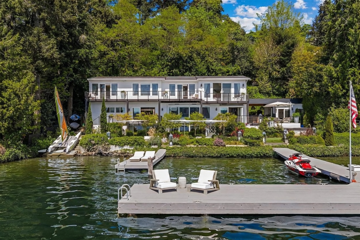 This waterfront property features a multi-level white home with expansive decks and large windows overlooking a serene lake. The exterior includes a private dock with lounge chairs, a jet ski, and a small sailboat, all set against a lush, tree-lined backdrop. The perspective is captured from the water, emphasizing the home's direct access to the lake and its tiered outdoor living spaces.
