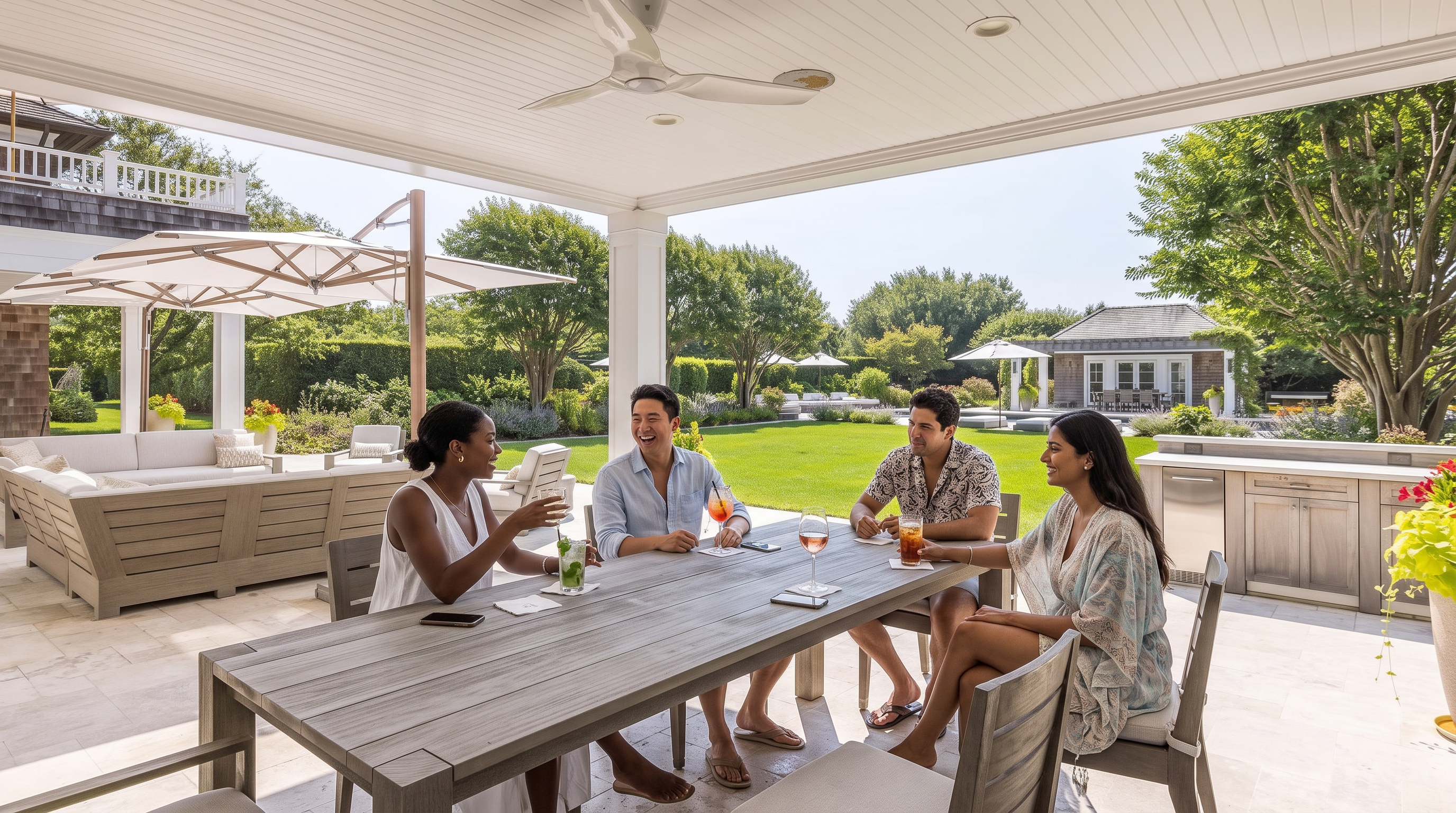 This expansive covered patio offers a sophisticated outdoor living space, featuring a large wooden dining set and a comfortable lounge area shaded by a cantilever umbrella. The stone-paved terrace transitions seamlessly into a lush, manicured lawn, with an outdoor kitchen station positioned to the side. The scene captures a serene, resort-like atmosphere perfect for entertaining, with a clear view toward a distant pool house and garden landscape.