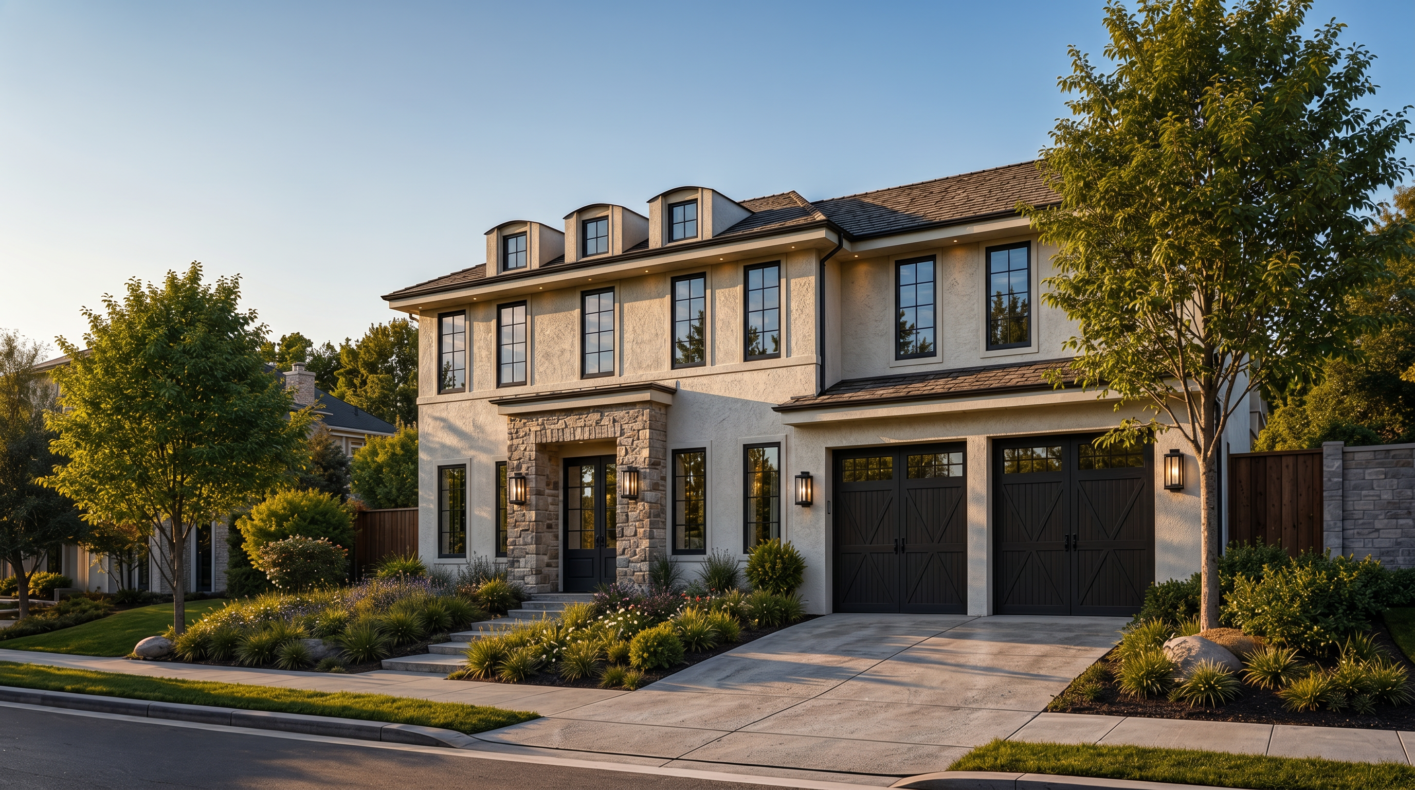 This elegant two-story home features a clean, white stucco facade with classic black-trimmed windows and two dark garage doors. The stone-accented front entryway adds a layer of sophistication, complemented by a professionally landscaped yard with textured greenery. The overall aesthetic is a refined, modern take on traditional residential architecture.
