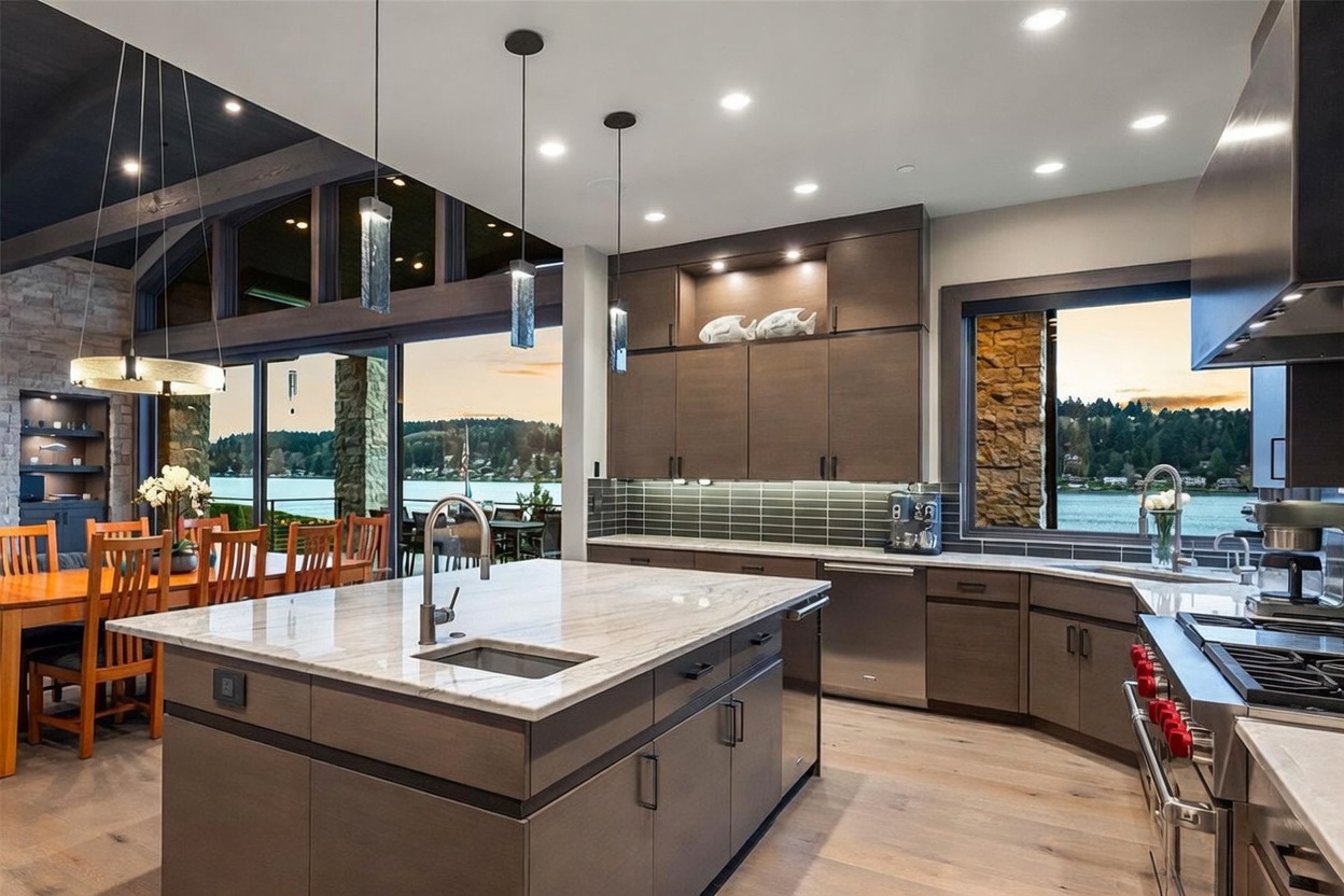 This modern kitchen features dark wood cabinetry, a large central island with a stone countertop, and stainless steel appliances. The space is illuminated by recessed lighting and three pendant lights, while large windows provide expansive views of the water outside. The open-concept design seamlessly connects the kitchen to the adjacent dining area, creating a bright and sophisticated atmosphere.