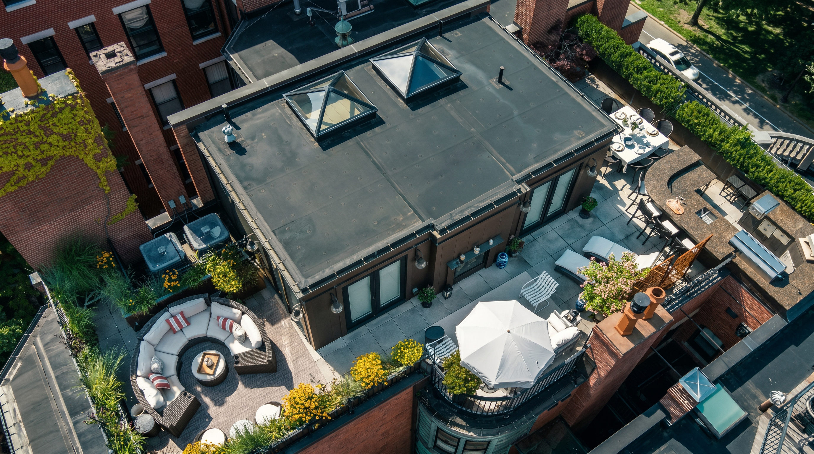 This high-angle aerial view captures a sophisticated urban rooftop terrace designed for luxury outdoor living. The space features a curved sectional sofa with a fire pit, a dining area with a white umbrella, and a built-in outdoor kitchen, all set against a backdrop of historic brick architecture. Two skylights are integrated into the flat roof, while lush greenery and planters add a vibrant, natural touch to the elevated retreat.