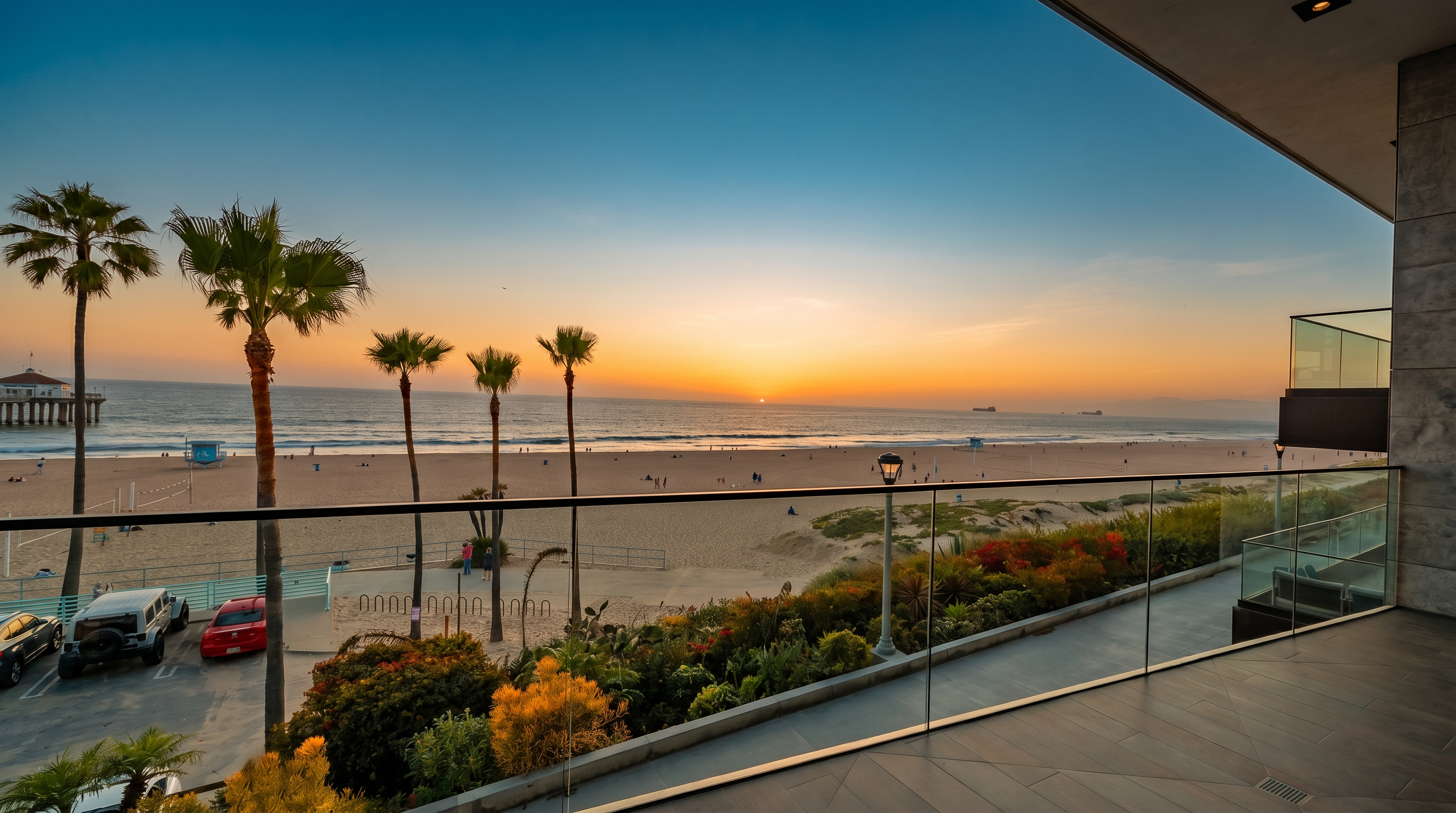 This image captures a stunning, elevated balcony view overlooking a sandy beach and the Pacific Ocean at sunset. The balcony features modern glass railings and tiled flooring, providing an unobstructed perspective of the coastline, palm trees, and a distant pier. The scene conveys a luxurious, serene atmosphere, perfect for coastal living.