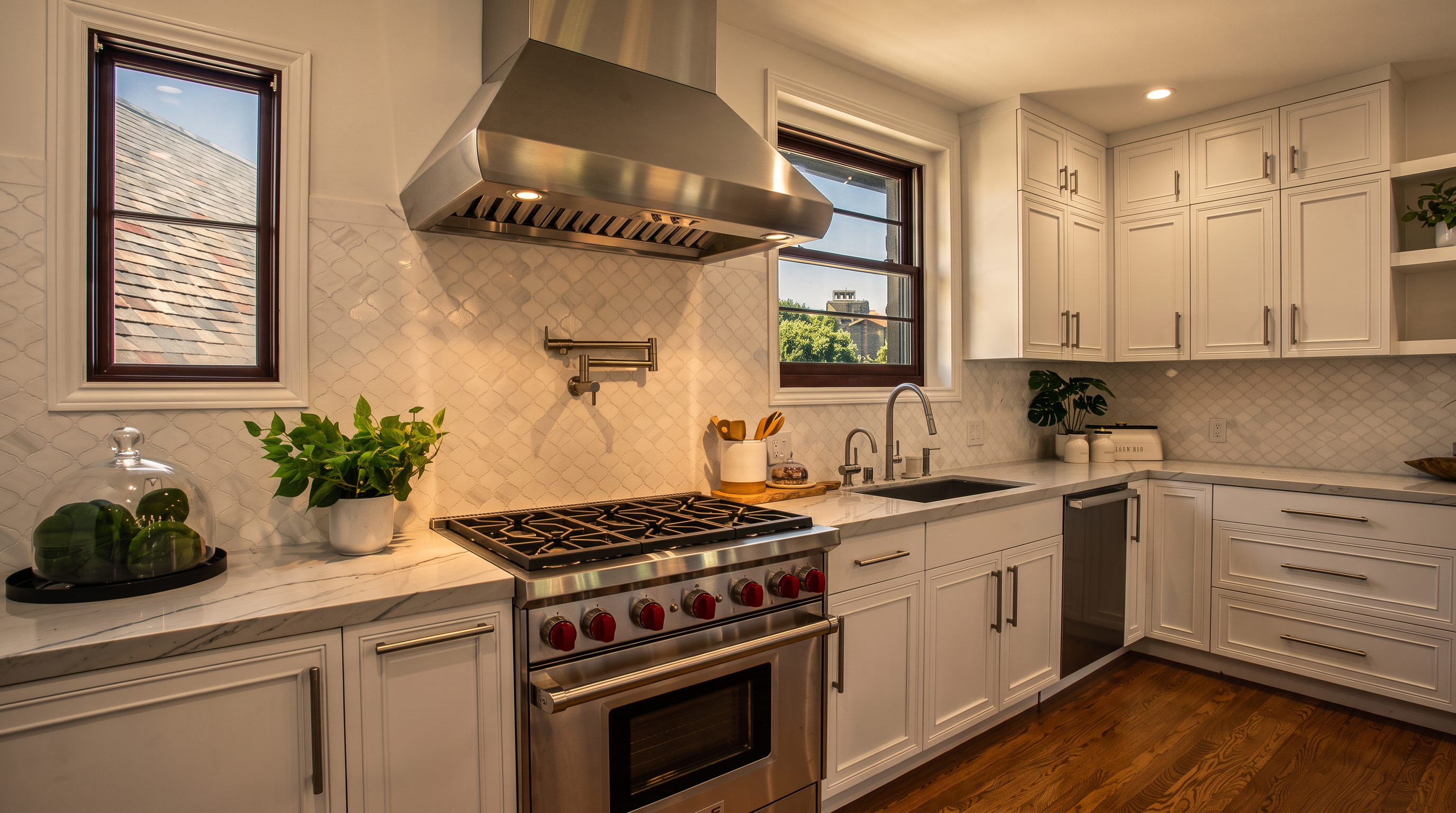 This bright and modern kitchen features white cabinetry, a professional-grade stainless steel range with a matching hood, and light-toned stone countertops. A patterned tile backsplash adds texture to the space, while two windows provide natural light and views of the outdoors. The warm wood flooring contrasts with the clean white aesthetic, creating a welcoming and functional culinary environment.