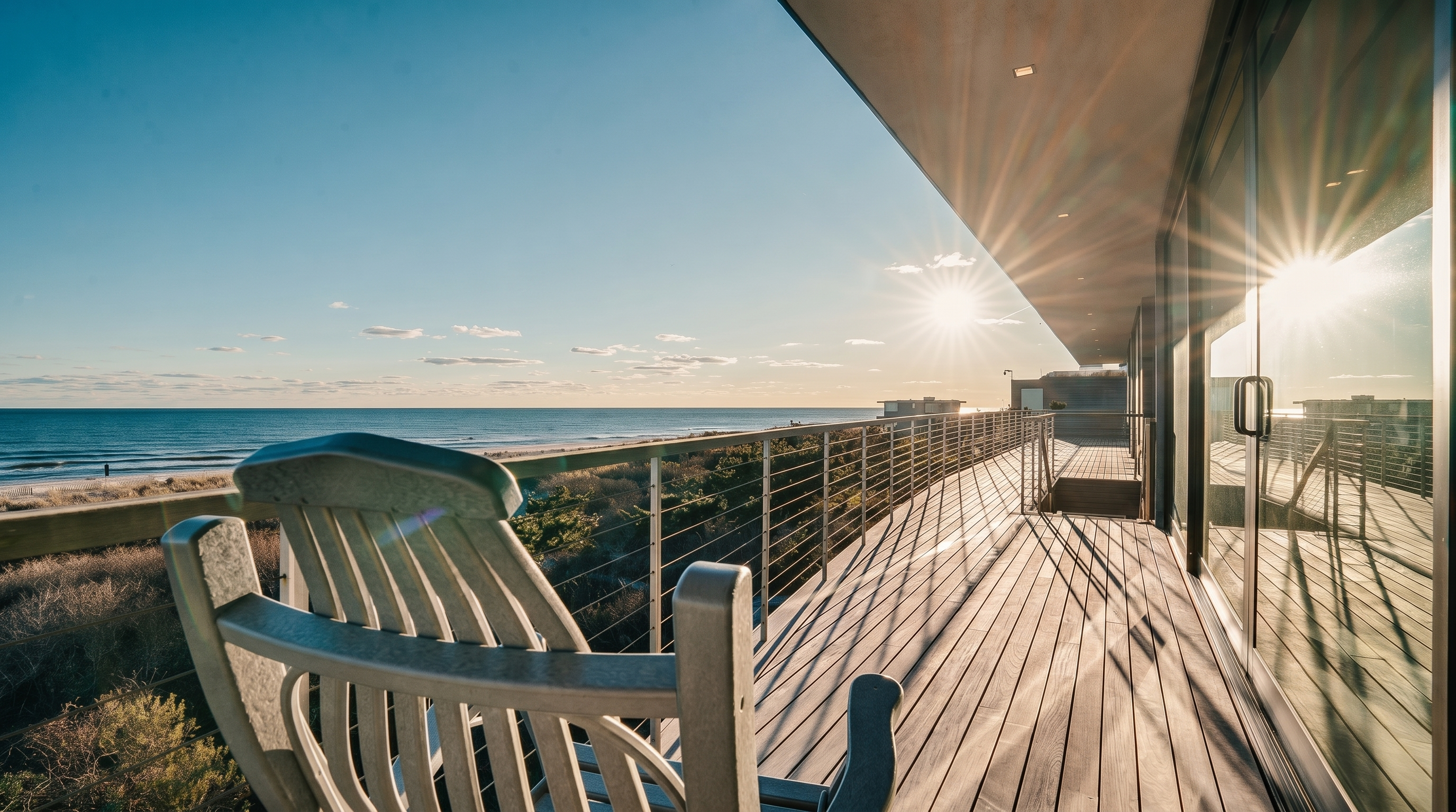This expansive, sun-drenched wooden deck offers a serene, elevated vantage point overlooking the ocean. A single grey rocking chair sits in the foreground, while the deck features a sleek metal railing and large glass sliding doors that provide seamless indoor-outdoor flow. The low-angle perspective captures the brilliant sun flare and the vast horizon, emphasizing the property's prime coastal location.