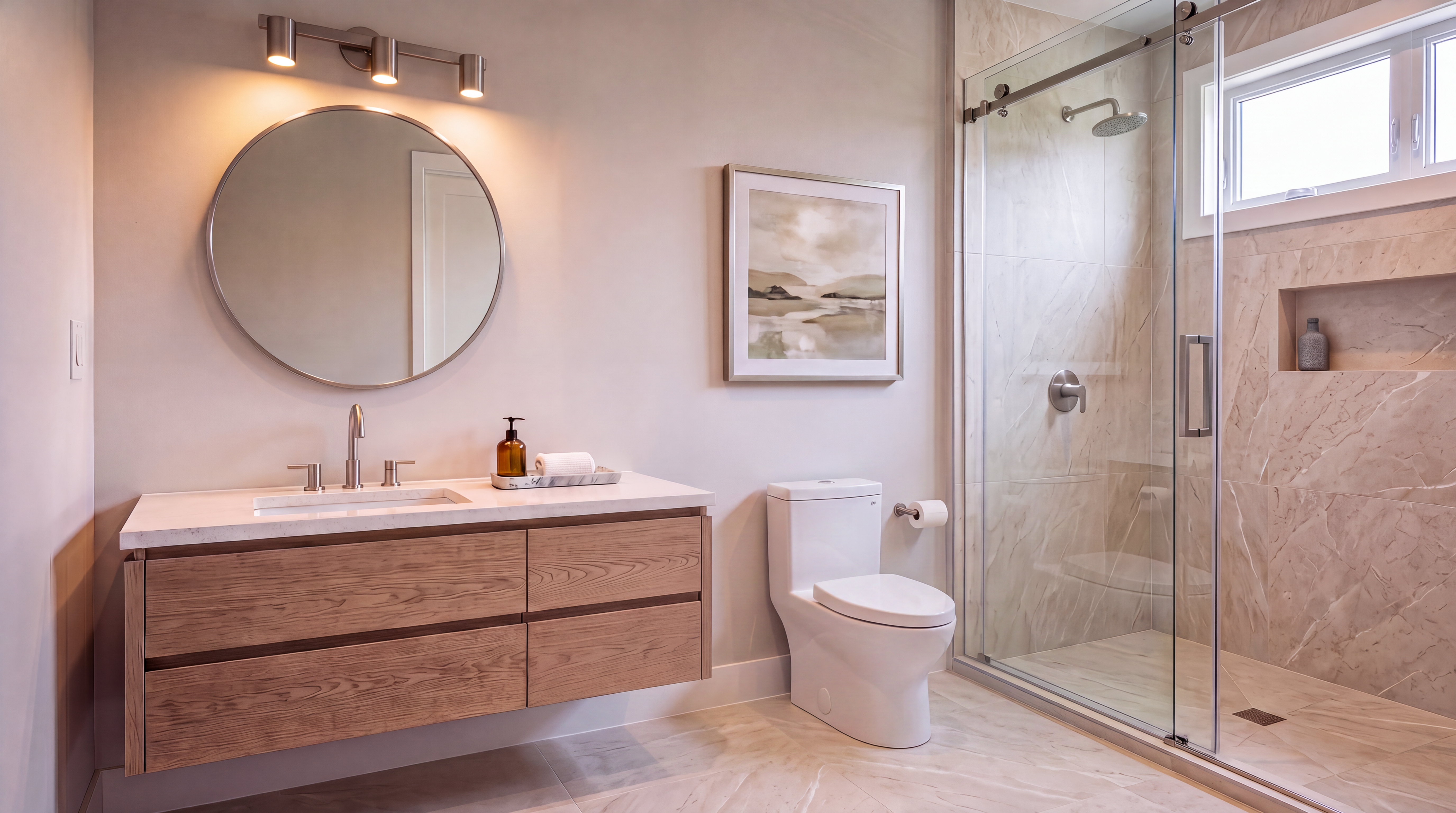This modern primary bathroom features a floating wooden vanity with a quartz countertop and sleek black hardware, paired with a stylish circular mirror. The space includes a contemporary glass-enclosed walk-in shower with grey stone-look tile walls and a built-in recessed niche. The design is clean, sophisticated, and minimalist, emphasizing high-end finishes and functional, airy layout.