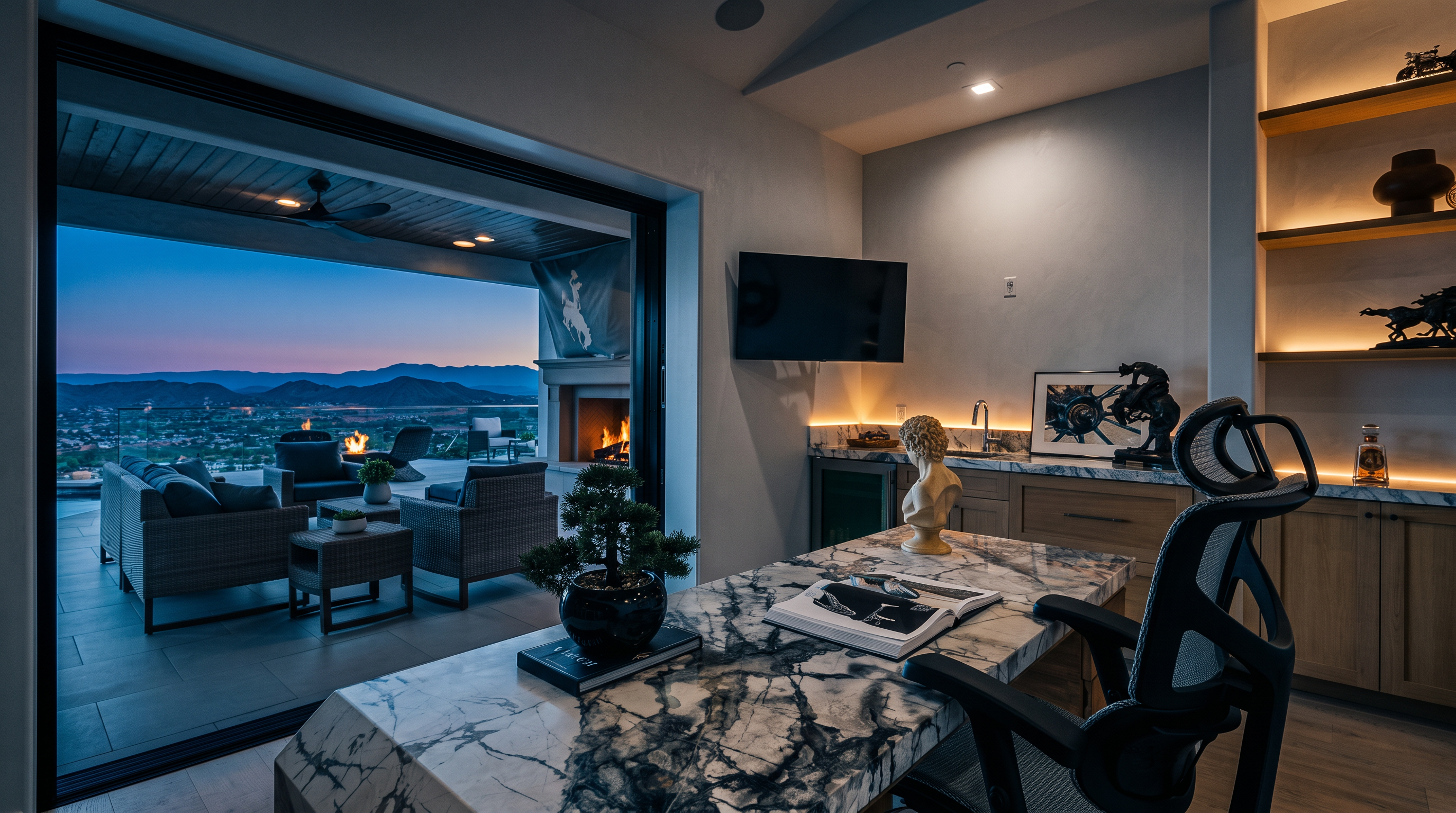 This luxurious home office features a prominent marble desk and seamless indoor-outdoor integration through large sliding glass doors leading to a covered patio. The space is adorned with elegant decor, including a bust sculpture, custom wood cabinetry, and open shelving, while offering breathtaking panoramic views of the surrounding valley. It is a sophisticated, well-appointed area perfect for working in a serene, high-end environment.