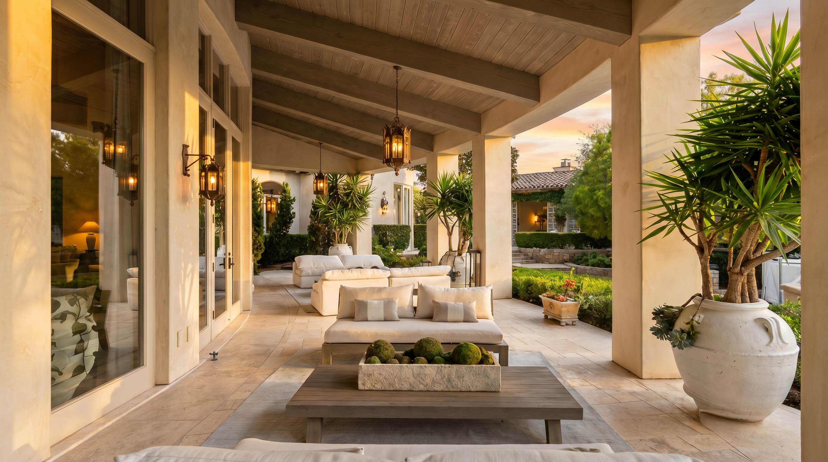 This image showcases a luxurious outdoor patio area, featuring comfortable seating arrangements with plush cushions and pillows. The space is adorned with potted plants and lanterns, creating a serene and inviting atmosphere. The patio is covered with a wooden beamed ceiling and overlooks a beautifully landscaped garden, enhancing the property's appeal for relaxation and entertainment.