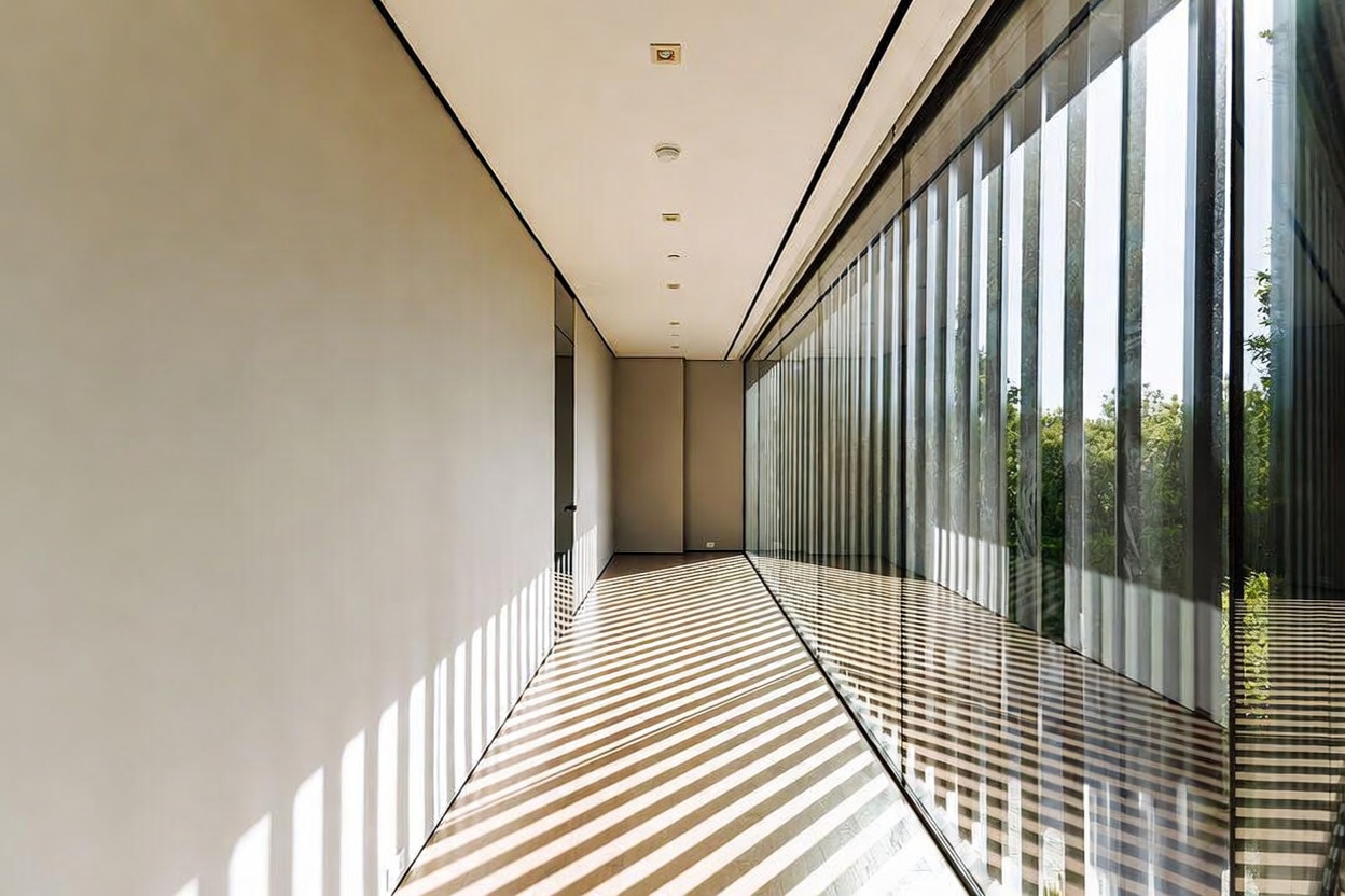 This minimalist hallway features a long, clean corridor with smooth, light-toned walls and a recessed ceiling with integrated lighting. A floor-to-ceiling glass wall runs the length of the space, casting dramatic, rhythmic shadows across the floor and offering a view of the lush greenery outside. The perspective emphasizes the elongated, architectural lines of the home, creating a serene and sophisticated atmosphere.
