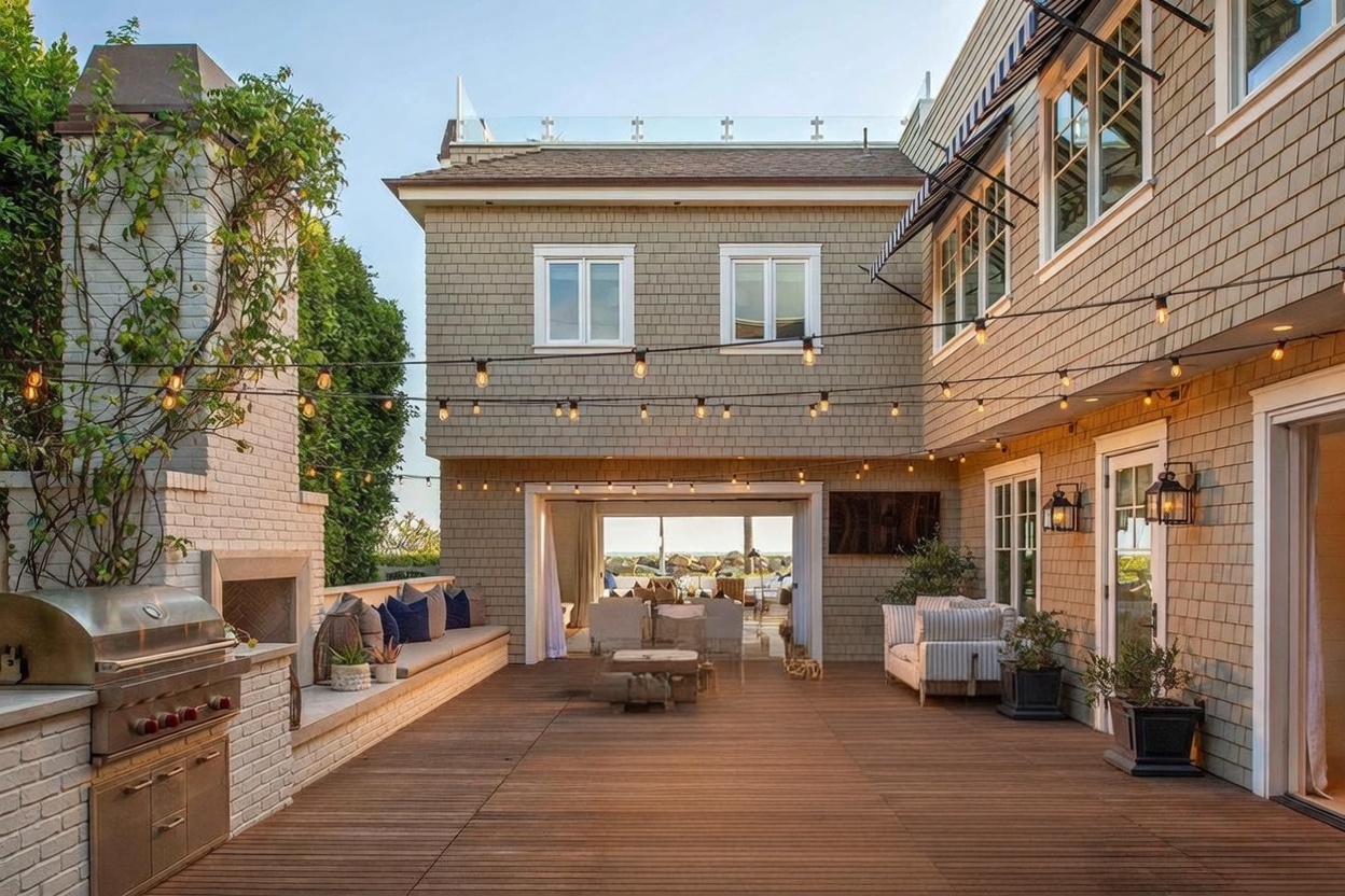 This expansive outdoor deck features a sophisticated dining area with a long table and modern woven chairs, set against a backdrop of a shingled exterior wall. To the left, a white brick chimney breast anchors a built-in grill and a long bench seating area, while string lights overhead create an inviting atmosphere. The space seamlessly transitions into an open-concept indoor living area, offering a clear view through to the ocean beyond.