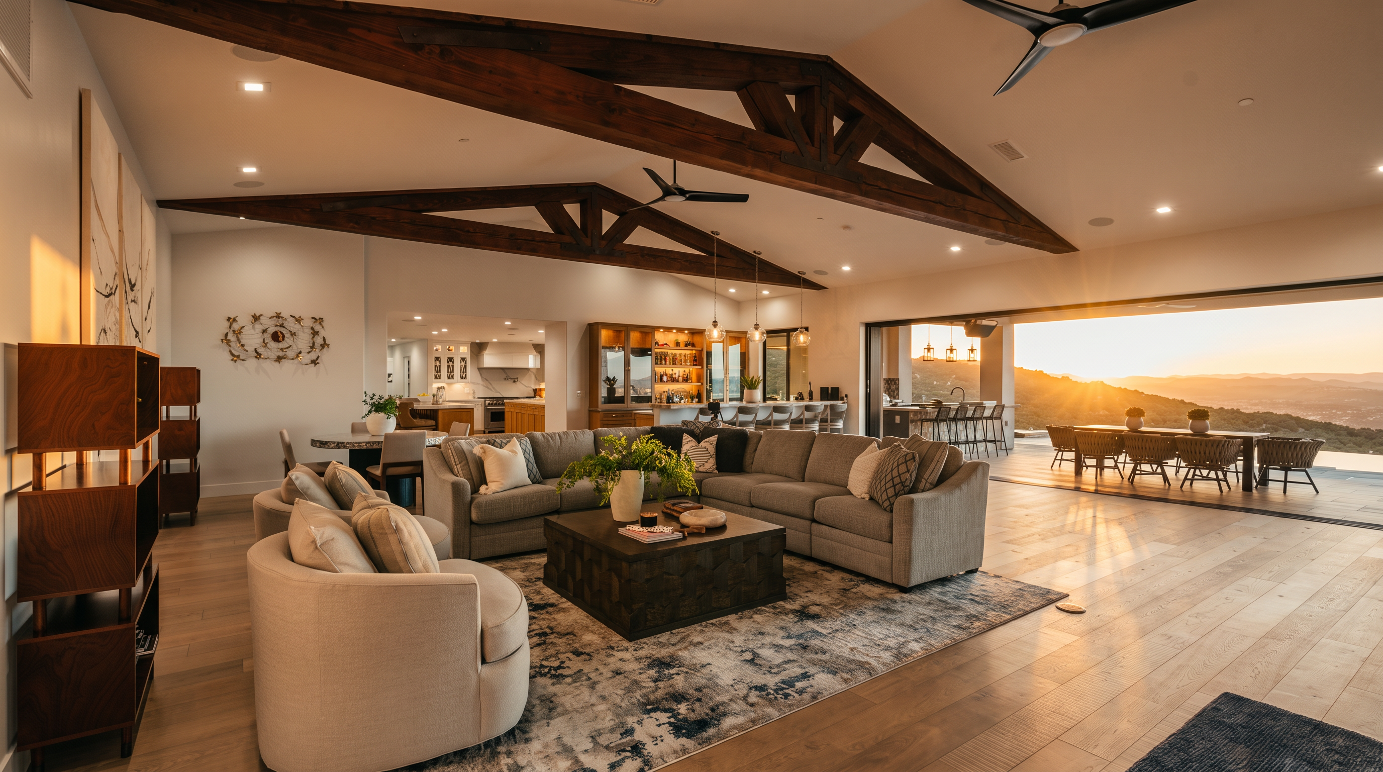 This expansive, open-concept living area features stunning vaulted ceilings with exposed wood trusses and modern ceiling fans. A large, plush sectional and contemporary armchairs are arranged around a textured wooden coffee table, all set upon a decorative area rug, while massive sliding glass doors provide a seamless transition to the outdoor patio and panoramic hillside views.