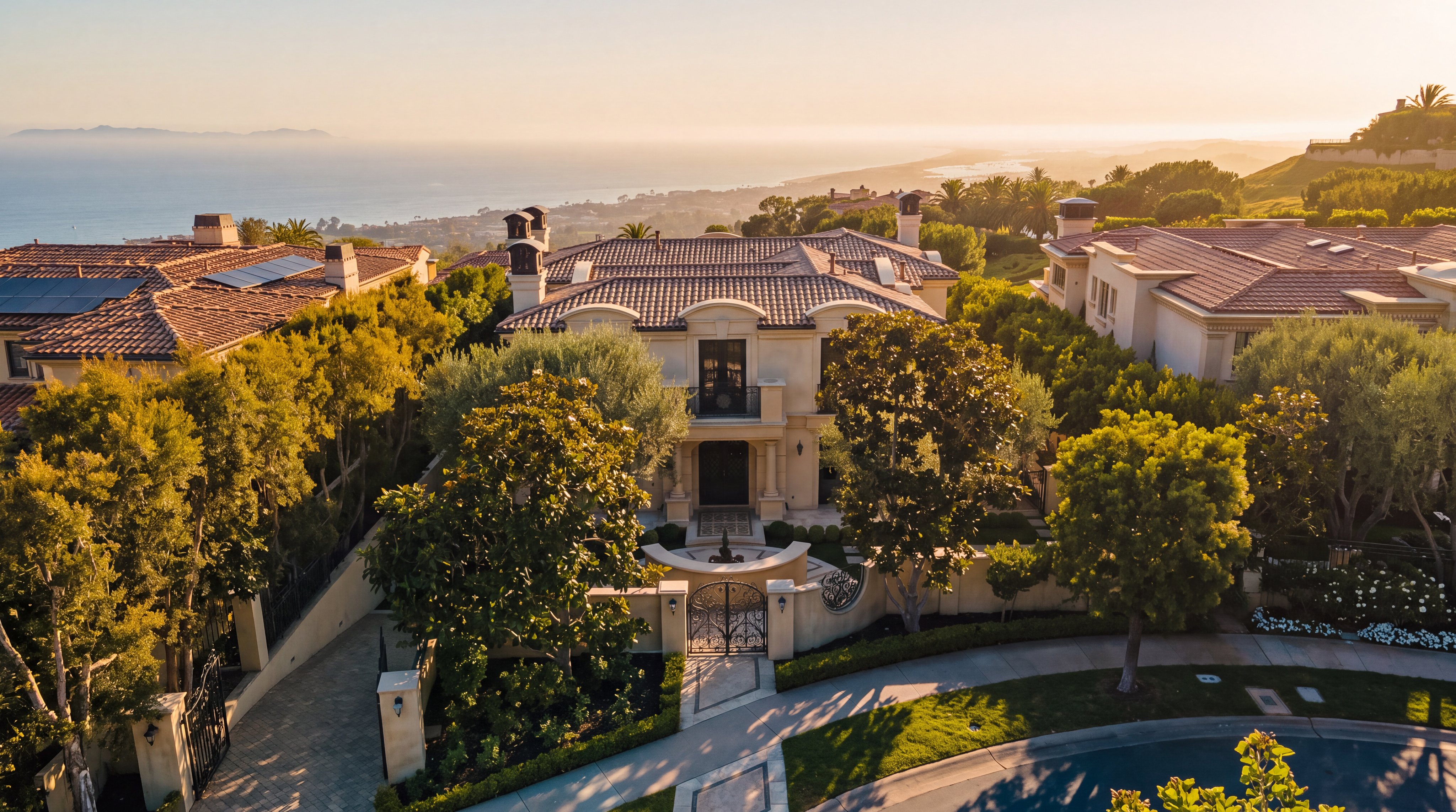 This elevated aerial perspective captures a Mediterranean-style estate set against a panoramic ocean backdrop. The property features a gated entrance, a paved driveway, and a symmetrical facade with arched windows and a tiled roof. Lush landscaping and mature trees frame the residence, emphasizing its private and prestigious coastal location.