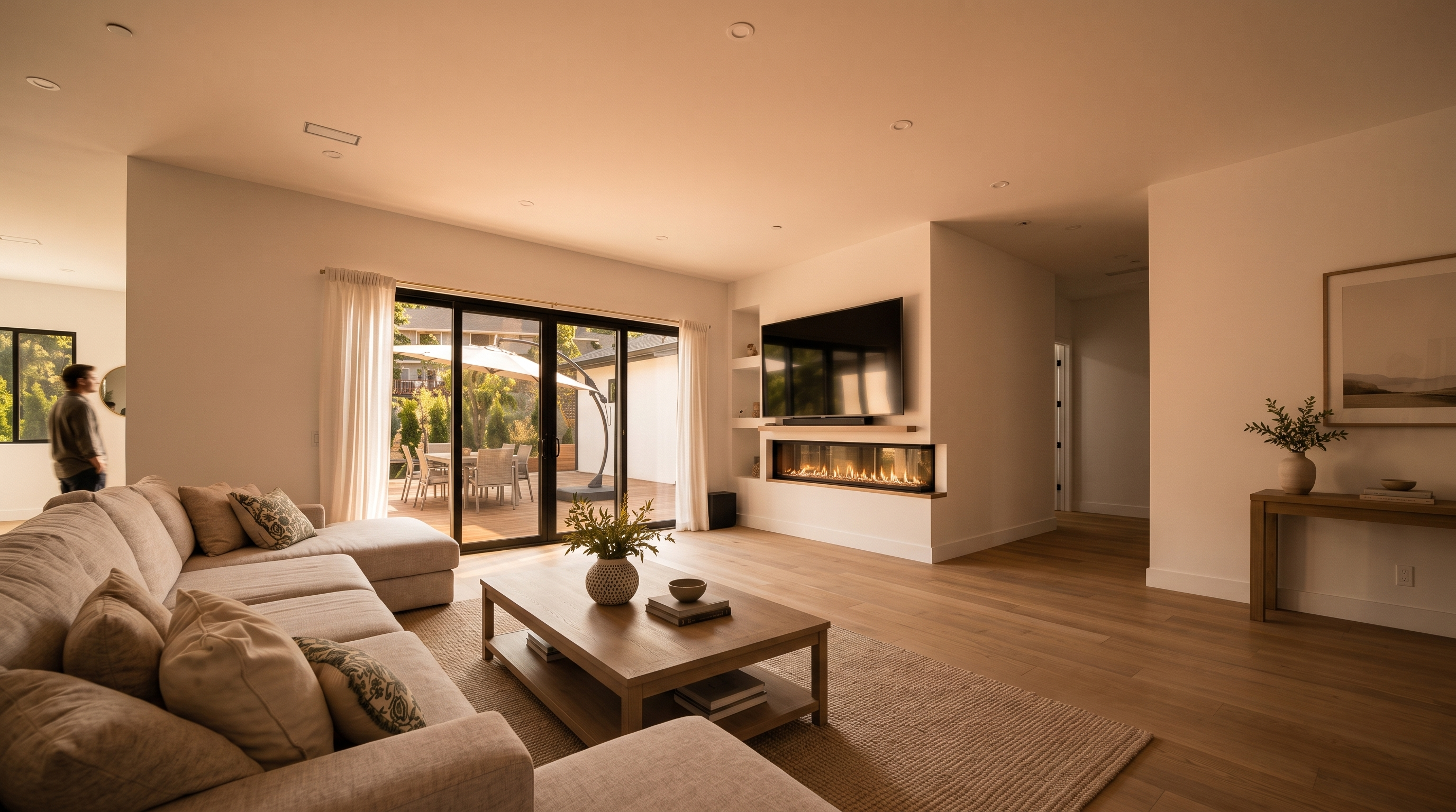 This bright and airy living room features light wood flooring and a neutral color palette, creating a clean, modern aesthetic. A large sectional sofa faces a built-in media wall that includes a television and a linear fireplace set into a recessed niche. Large sliding glass doors open to an outdoor deck, seamlessly connecting the indoor and outdoor living spaces.
