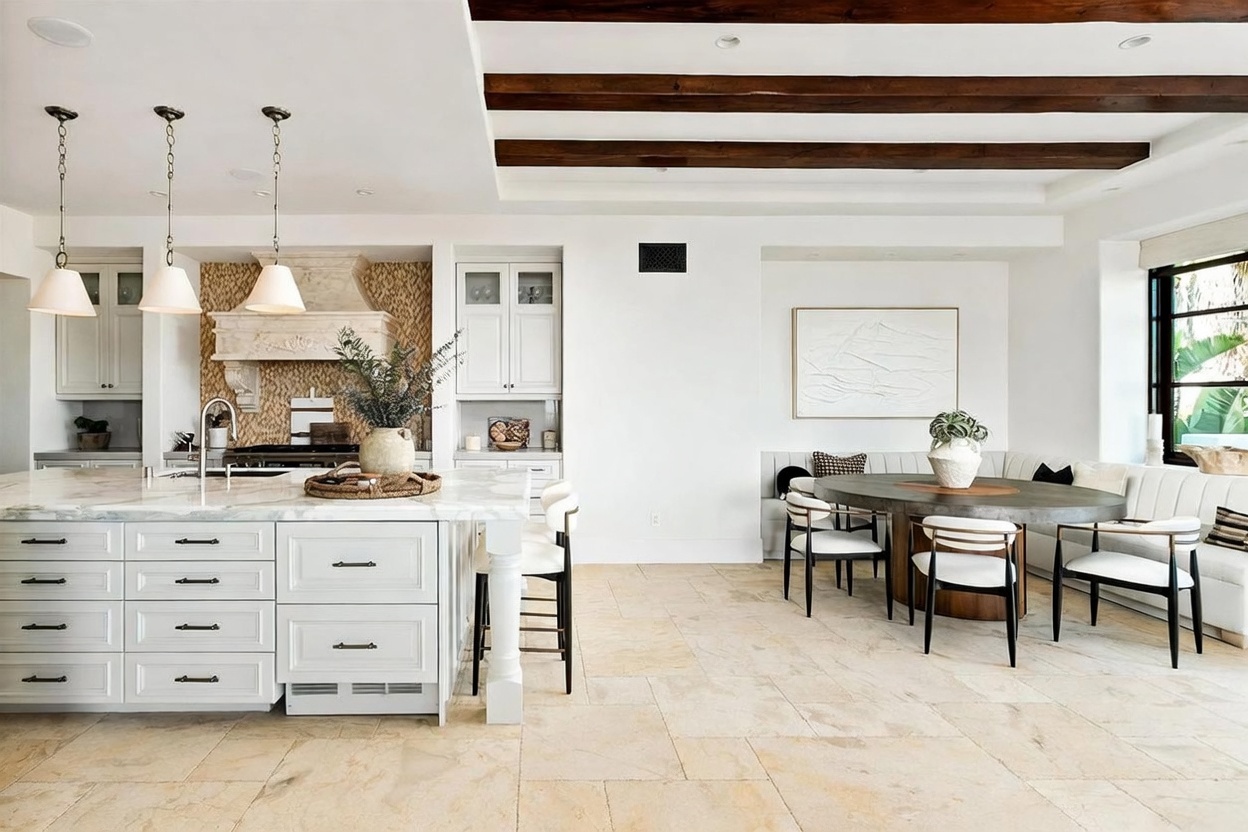 This bright, open-concept kitchen features a large central island with a stone countertop and white cabinetry, complemented by three pendant lights overhead. To the right, a circular dining table is nestled against a curved built-in banquette, creating a cozy breakfast nook. The space is defined by dark wood ceiling beams and light-colored stone flooring, offering a sophisticated and airy aesthetic.