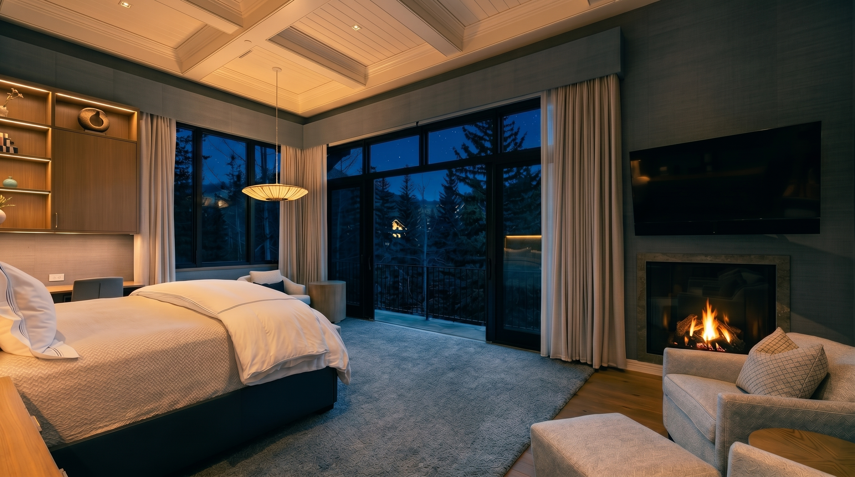 This spacious primary bedroom features a neutral color palette with soft blue textured walls and a coffered ceiling. A large bed is positioned near a wall of glass doors that open to a balcony, providing expansive views of the surrounding forest. The room includes a cozy seating area with two armchairs and an ottoman arranged around a fireplace with a stone surround and a mounted television above.